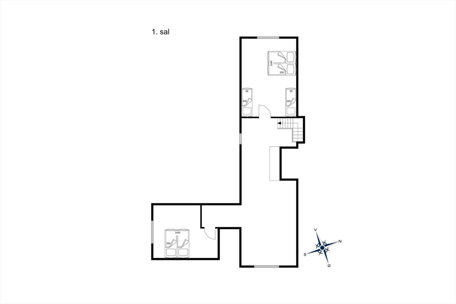 Erdgeschossplan mit Schlafzimmer, Bad und Treppenhaus.