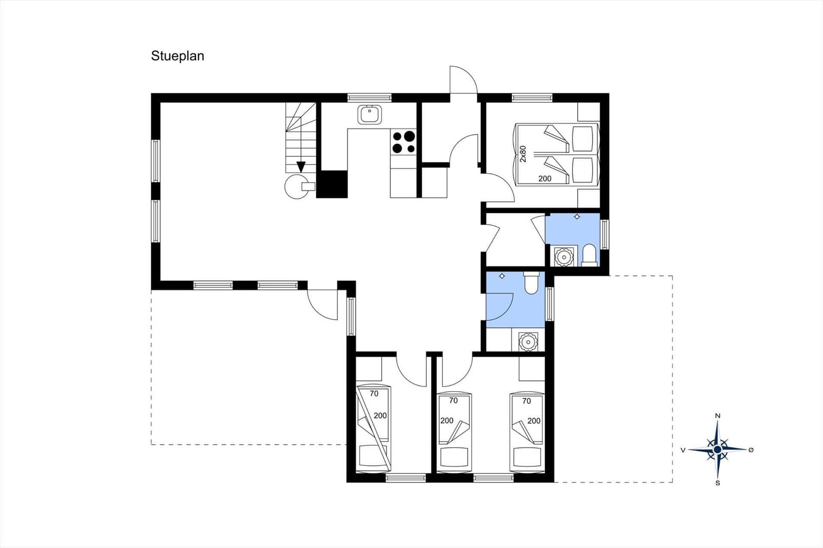 Stueplan zeigt Wohnfläche mit Küche, Schlafzimmer und Badezimmer.