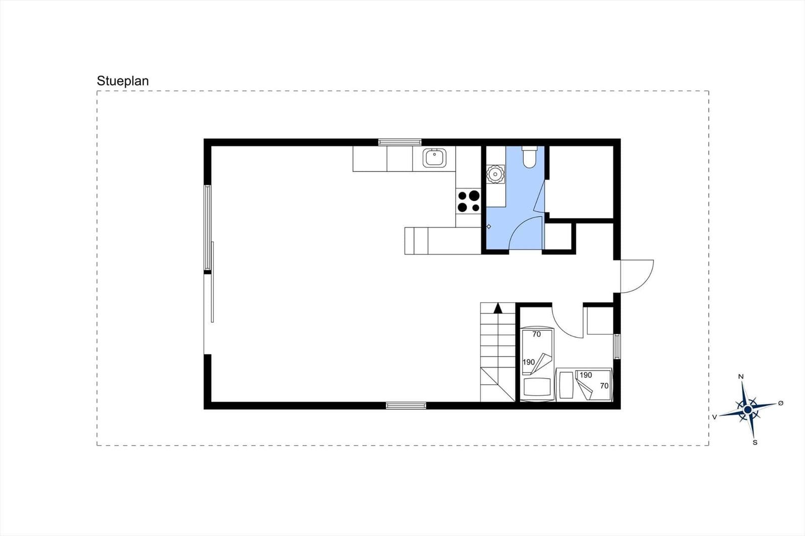Stueplan zeigt Wohnfläche mit Küche, Bad und Schlafzimmer