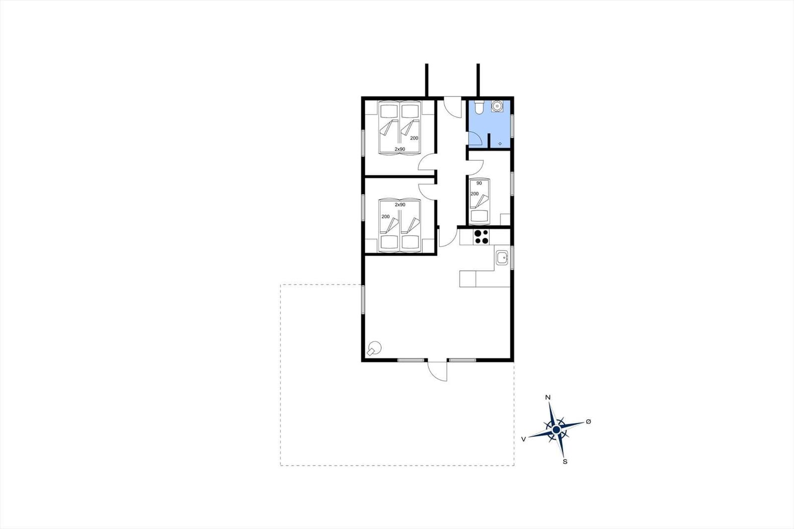 Zwei Schlafzimmer, Küche, Bad und Wohnbereich mit Kompassausrichtung.