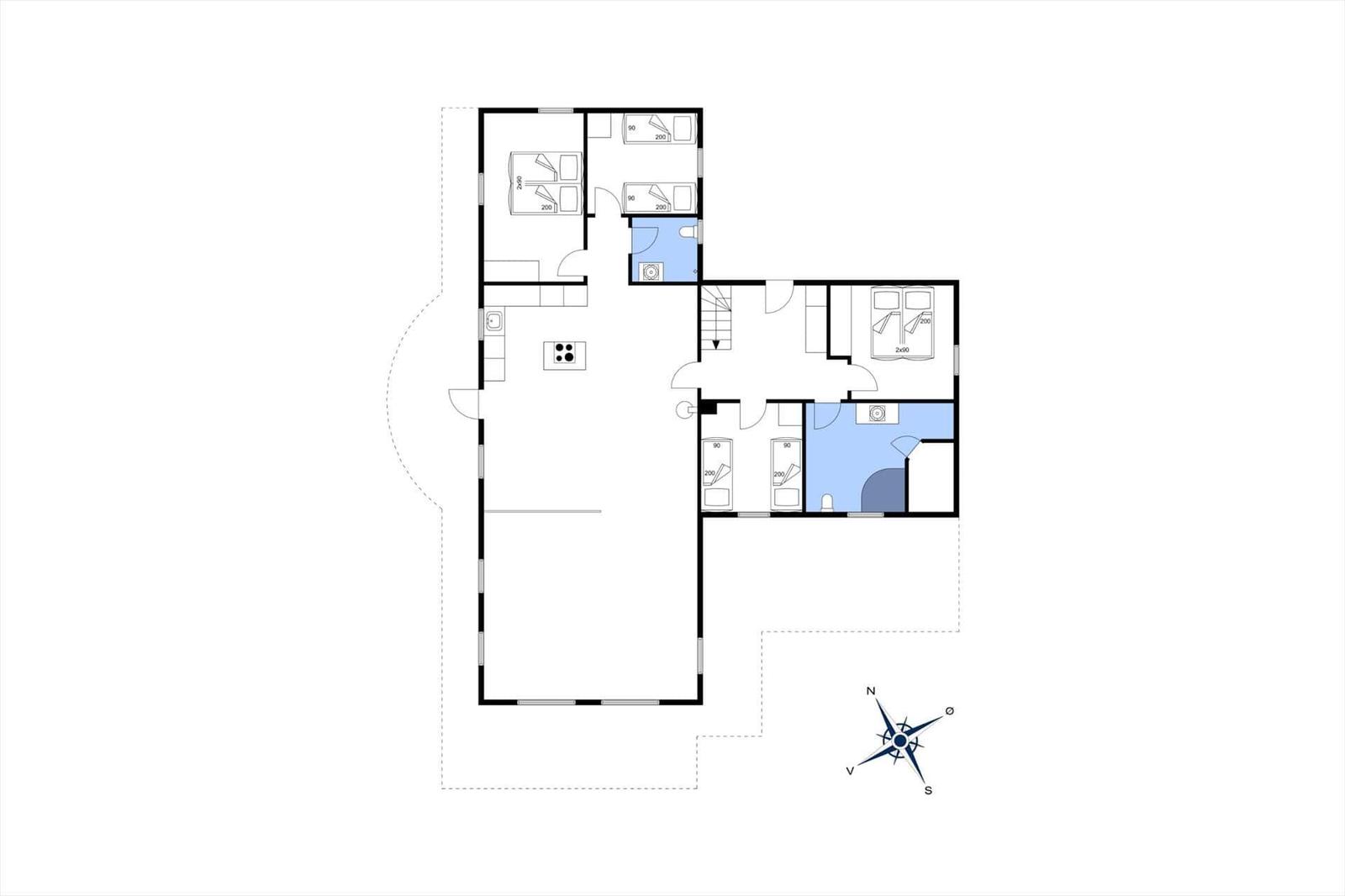 Geschossplan zeigt Wohnfläche mit Küche, Schlafzimmer und Badezimmer.