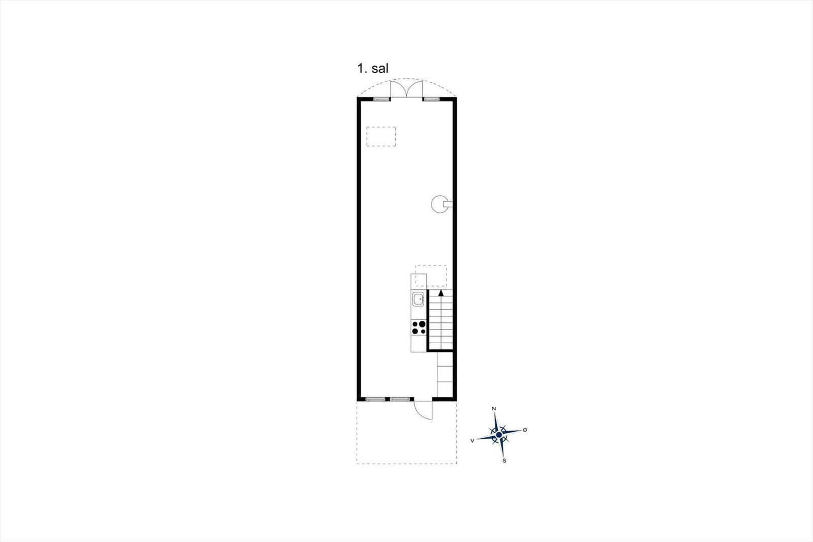 Erdgeschoss mit Küche, Bad und Treppe zur ersten Etage.