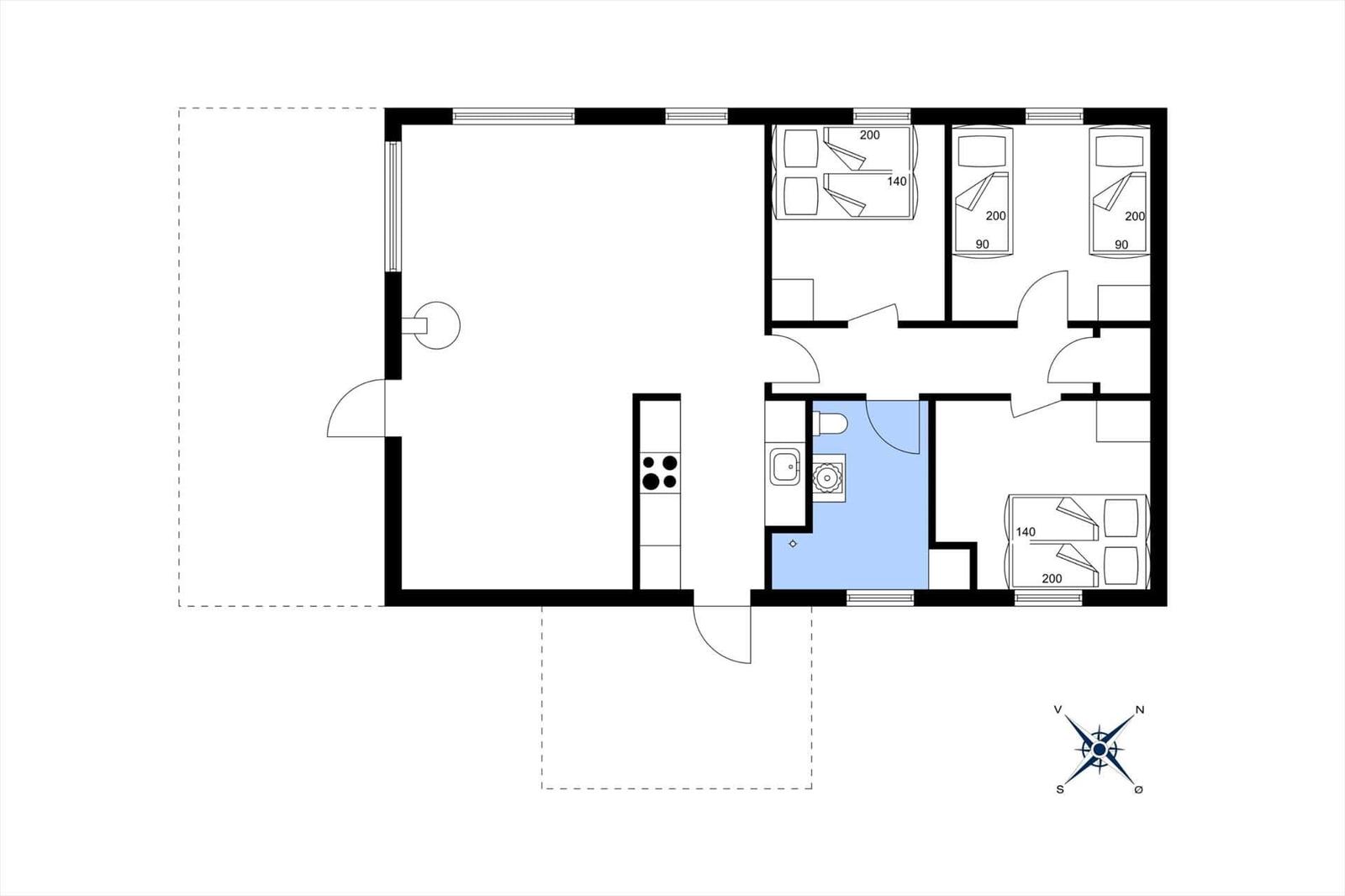 Wohnung mit Küche, Bad und drei Schlafzimmern.