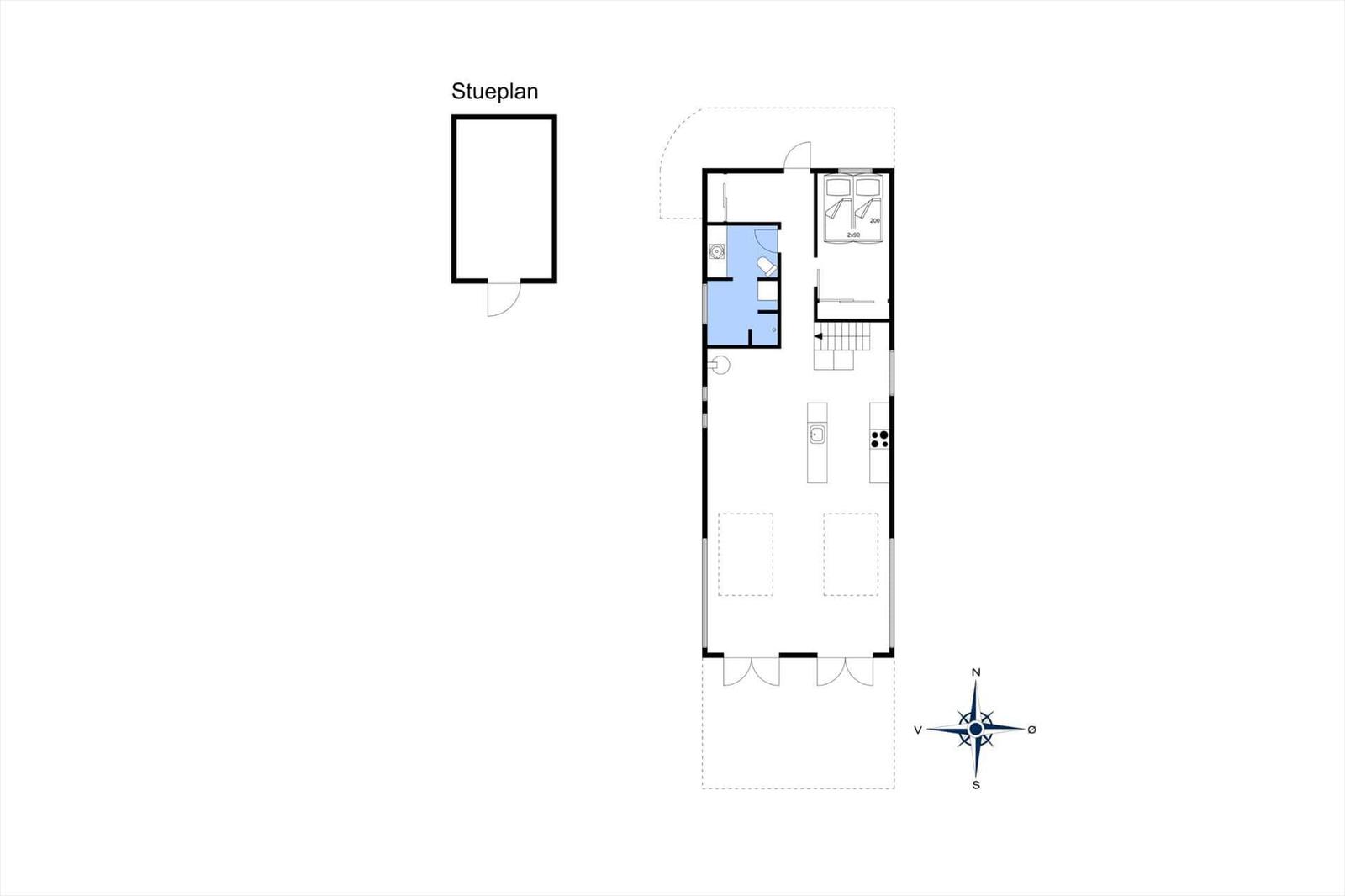 Stueplan zeigt Grundriss mit Küche, Schlafzimmer und Bad.