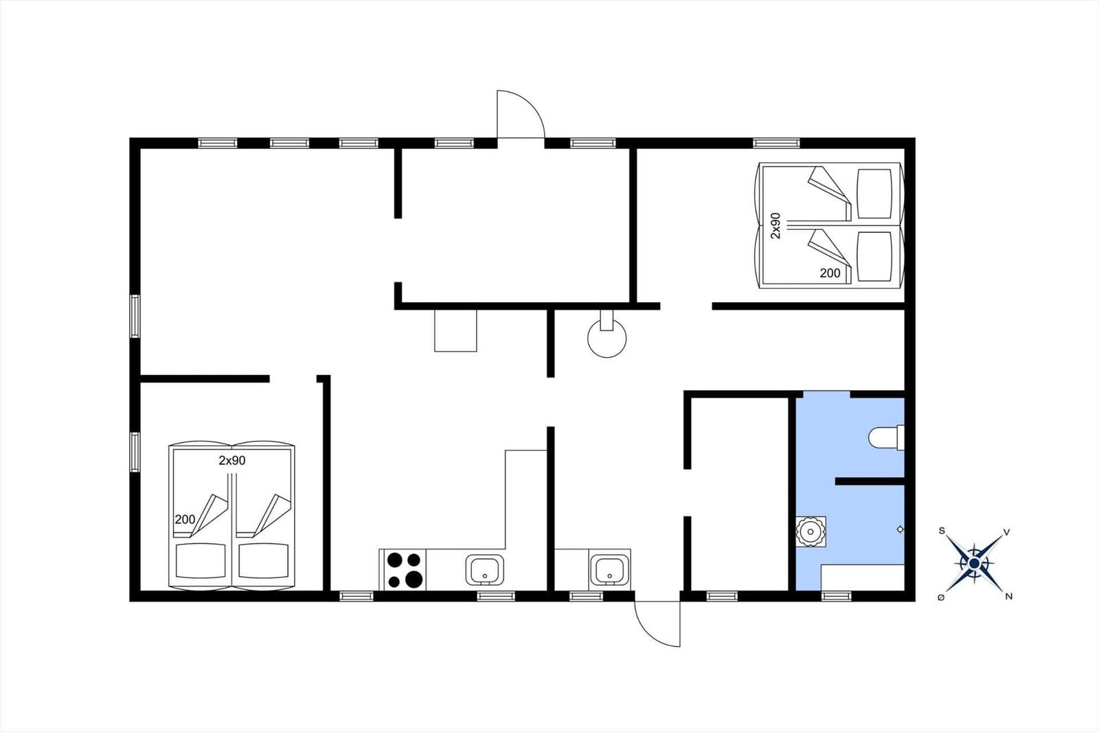 Wohnung mit zwei Schlafzimmern, Küche und Bad. Raumübersicht mit Maßen.