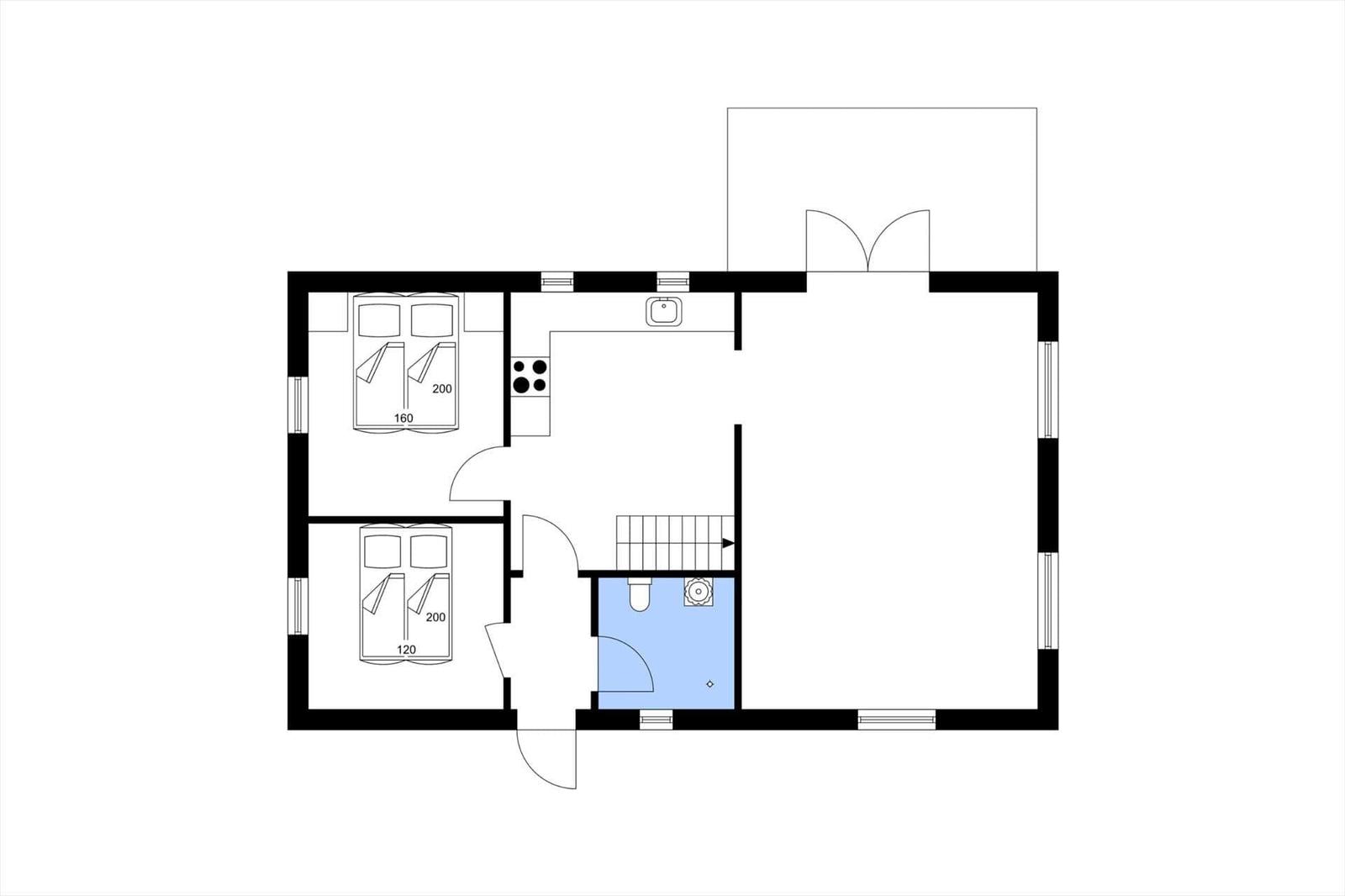Zwei Schlafzimmer, Küche, Bad und Wohnbereich mit Treppenhaus.