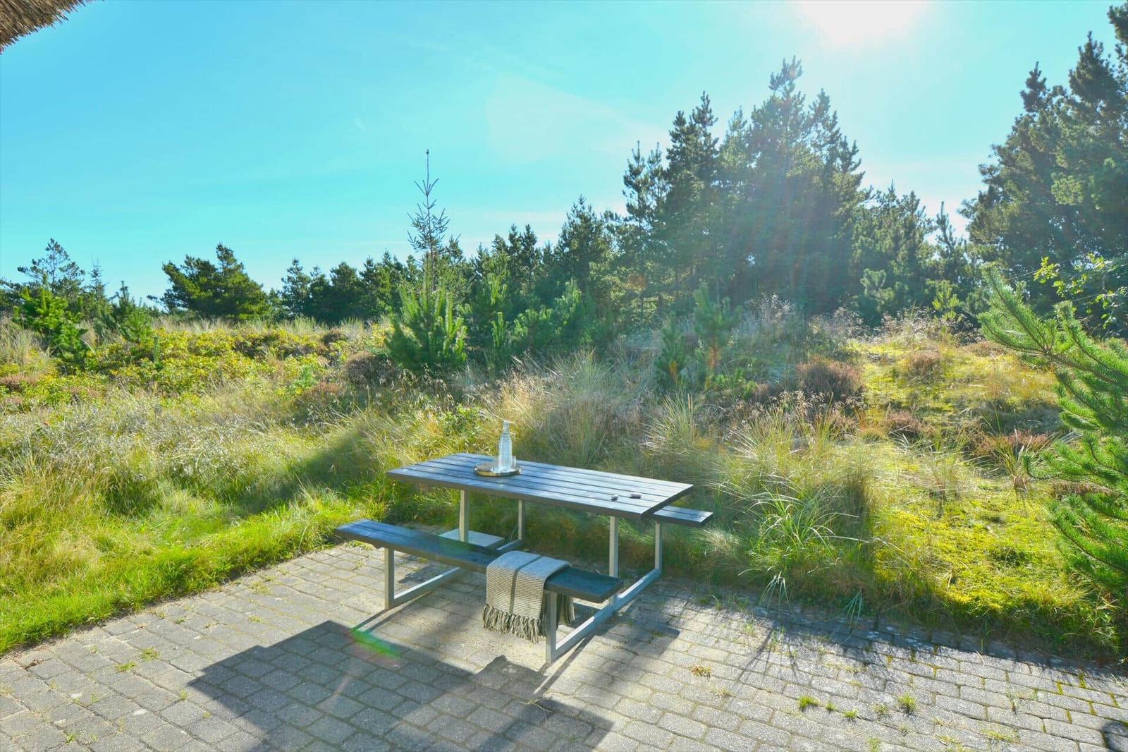 Holztisch mit Bänken auf Steinplatten im Grasland mit Bäumen.