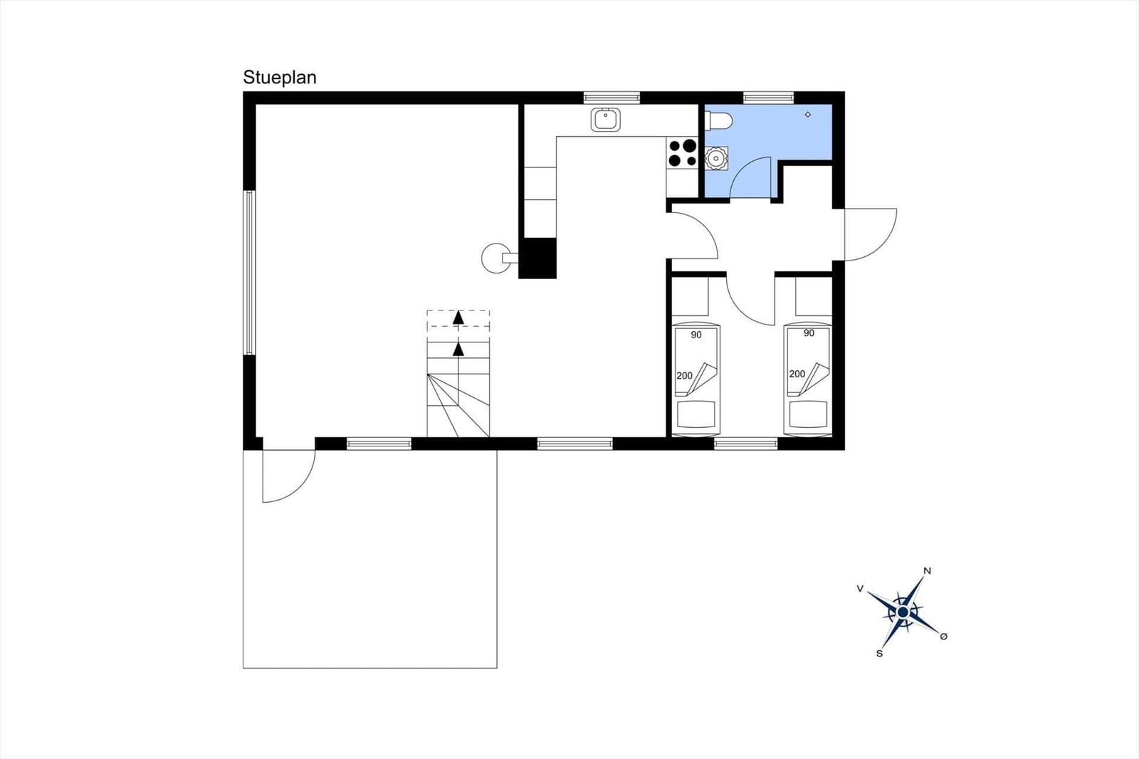 Stueplan zeigt zwei Schlafzimmer, Küche, Bad und Aufgang.