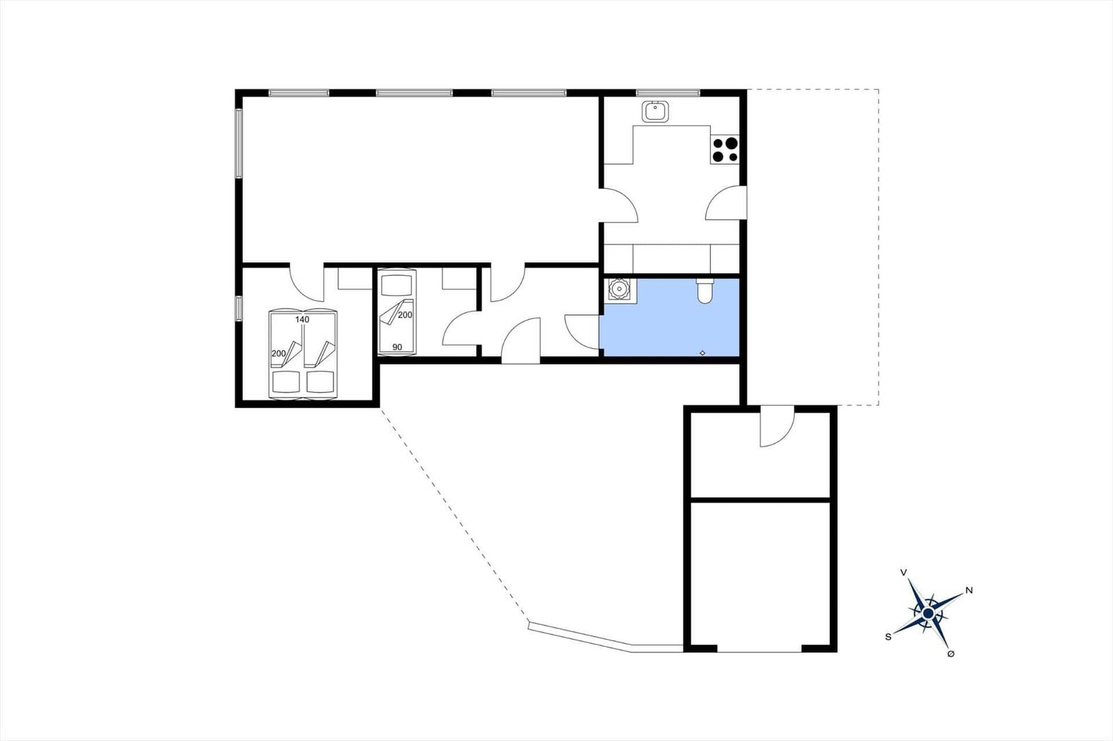 Wohnung mit Küche, Bad und zwei Schlafzimmern. Raumverteilung mit Kompass.