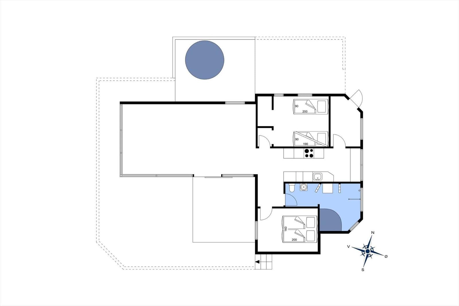 Dies ist die Grundrisszeichnung einer Ferienwohnung mit Küche, Schlafzimmer und Bad.