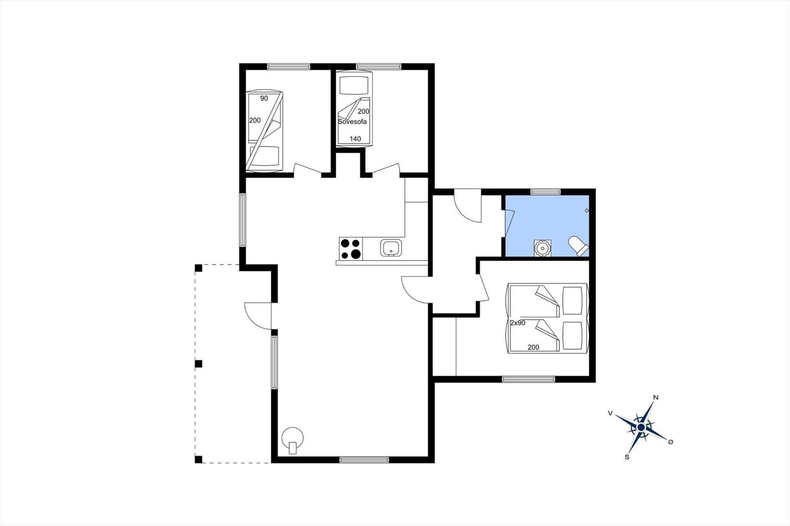 Wohnung mit Küche, Bad und zwei Schlafzimmern. 