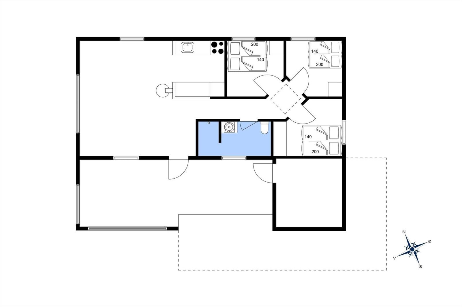 Wohnung mit Küche, Bad und drei Schlafzimmern.