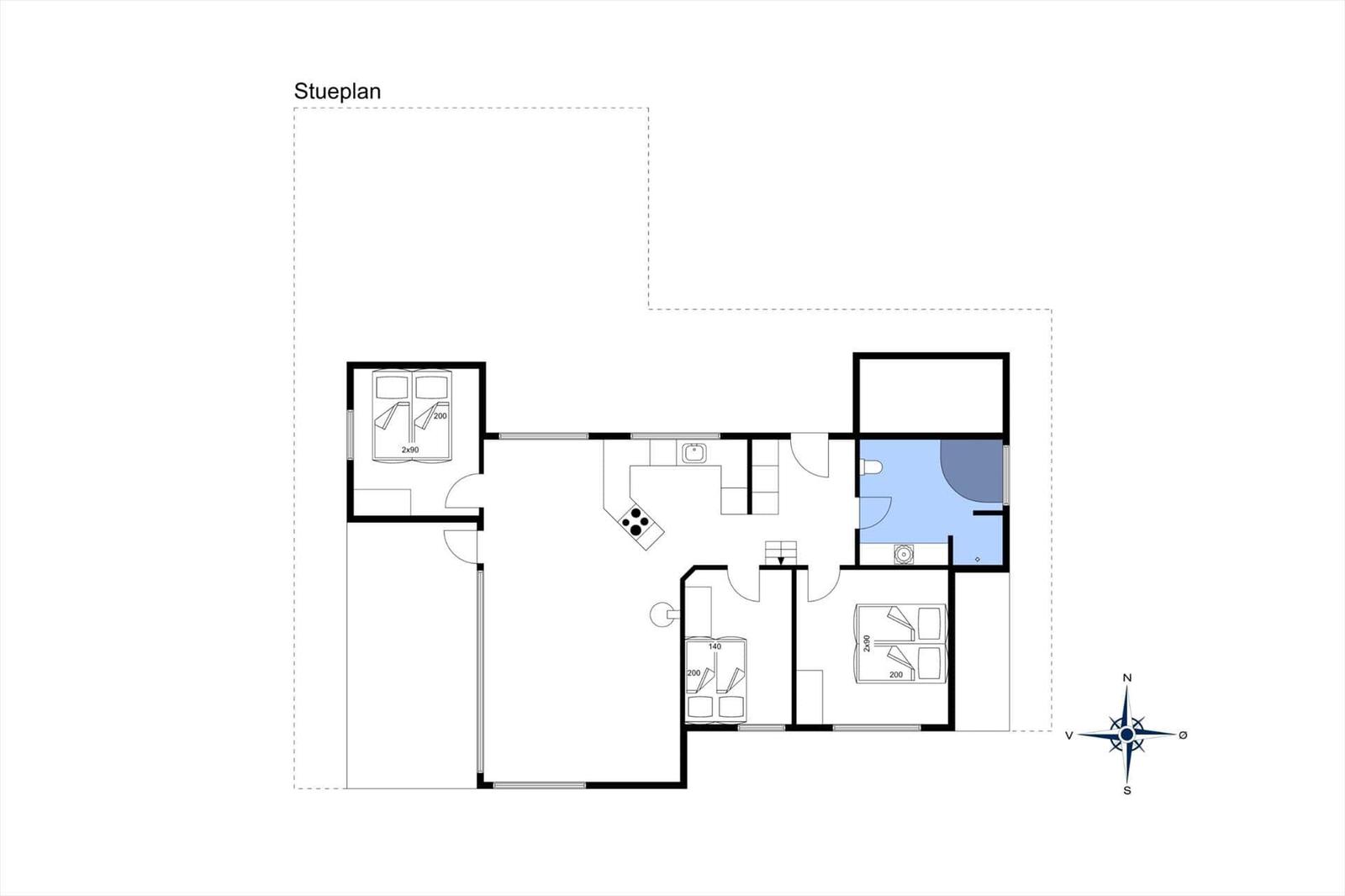 Stueplan zeigt Wohnfläche mit Küche, Bad und Schlafzimmer.