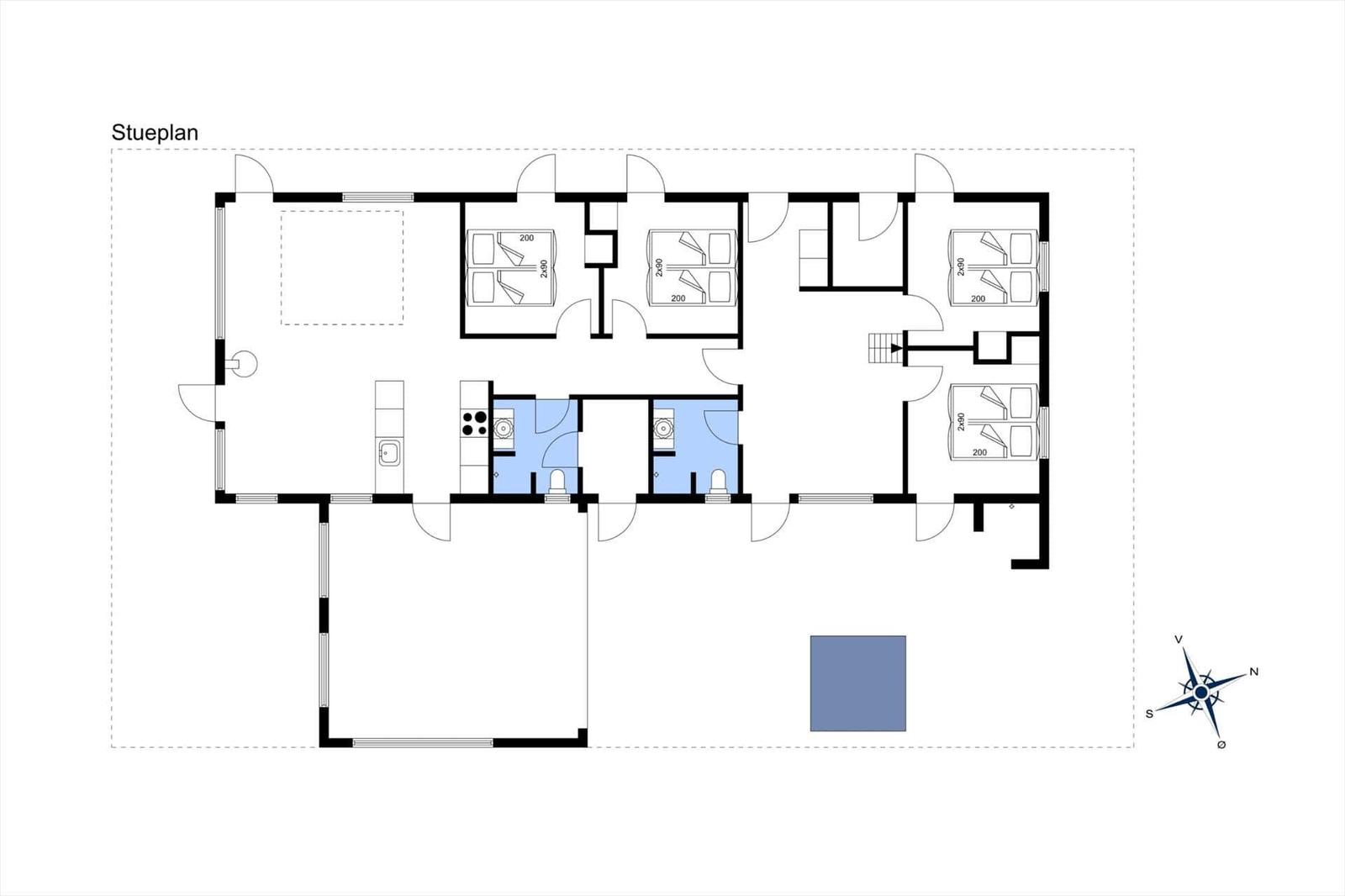 Stueplan zeigt Wohnfläche mit Küche, drei Schlafzimmern und zwei Bädern.