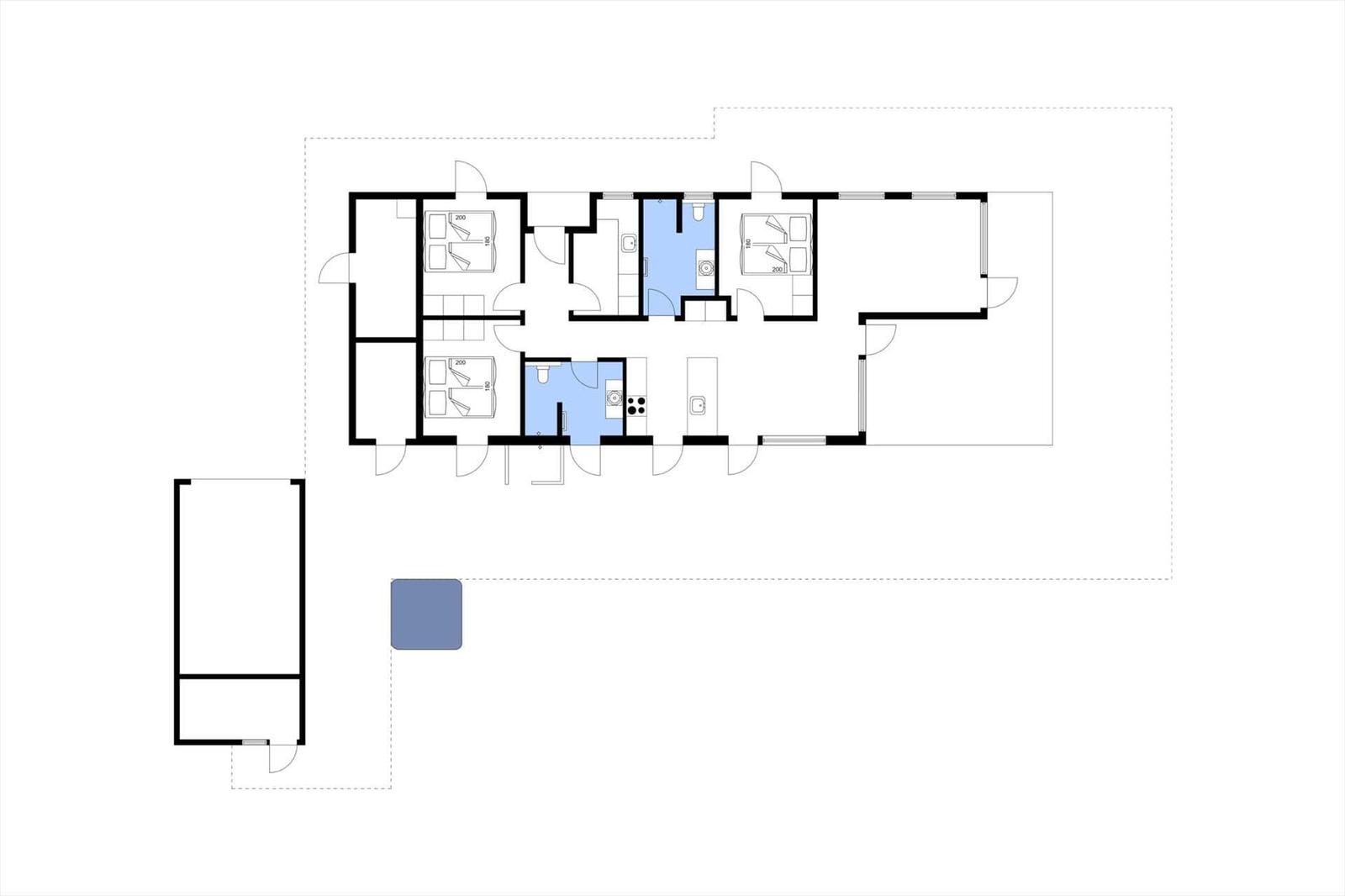 Funktionaler Grundriss mit drei Schlafzimmern, Küche und Bad.