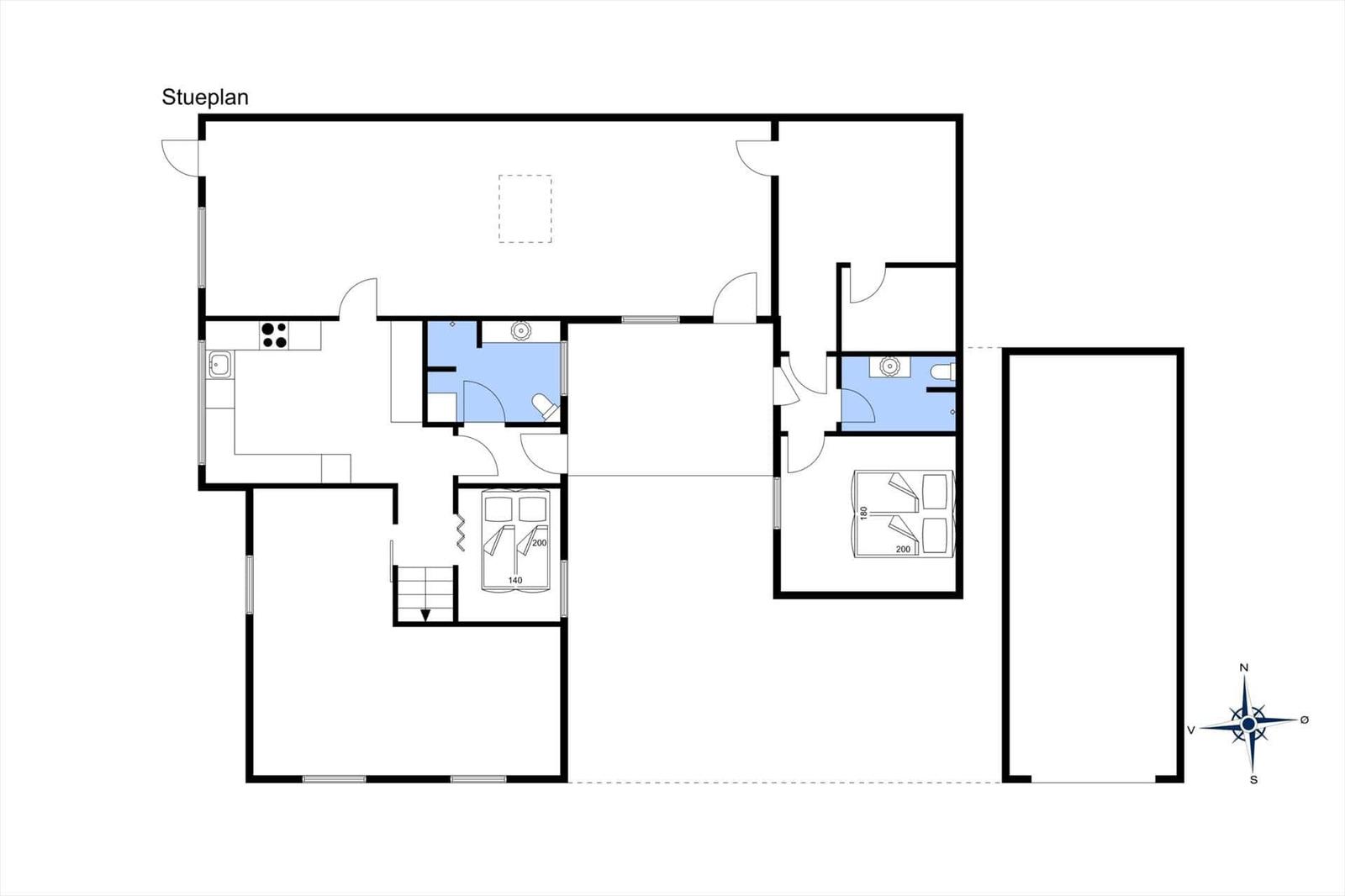 Stueplan zeigt Wohnraum, Küche, zwei Schlafzimmer und zwei Bäder.