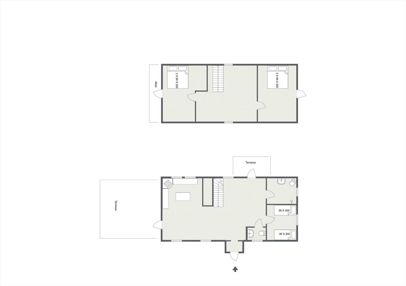 Zwei Etagen mit Schlafzimmern, Terrasse und Bad. Flur mit Treppenhaus.