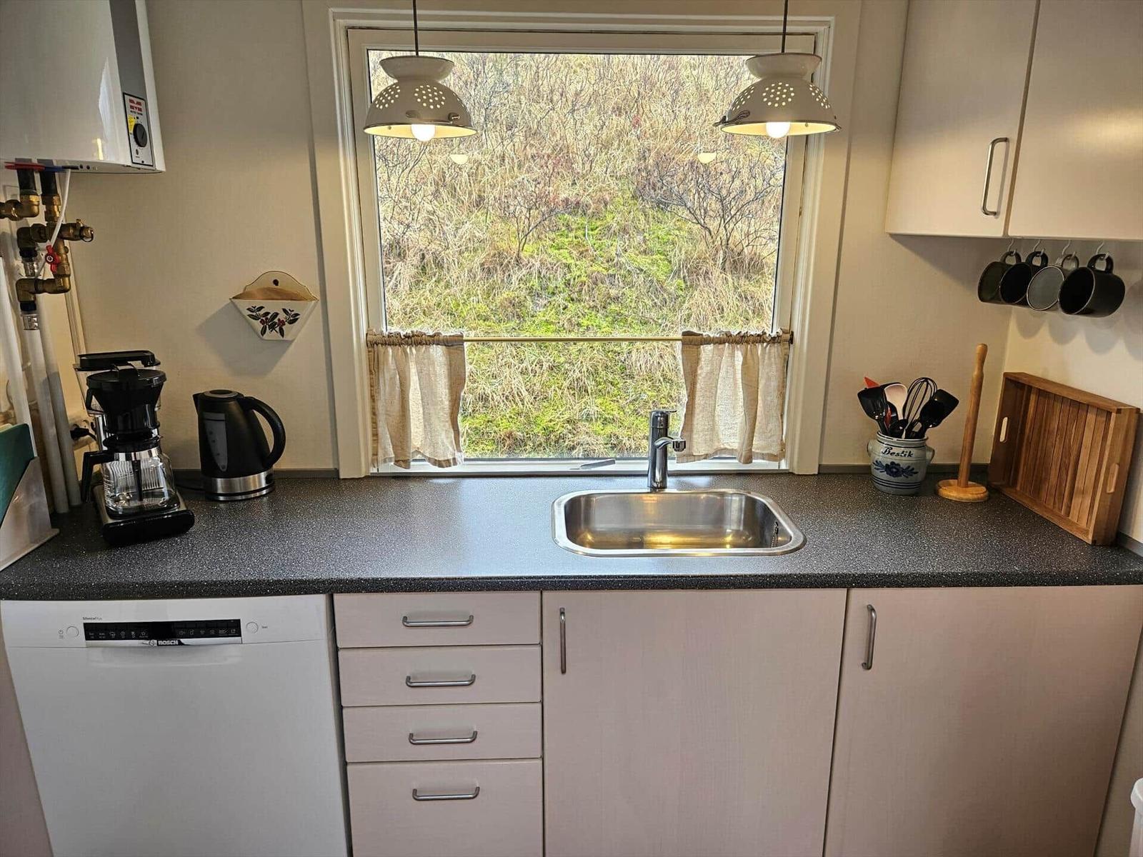 Küche mit Waschbecken, Fenster und Küchengeräten