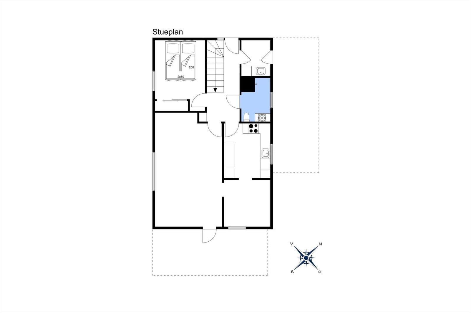 Stueplan zeigt Schlafzimmer, Küche, Bad und Treppenhaus.