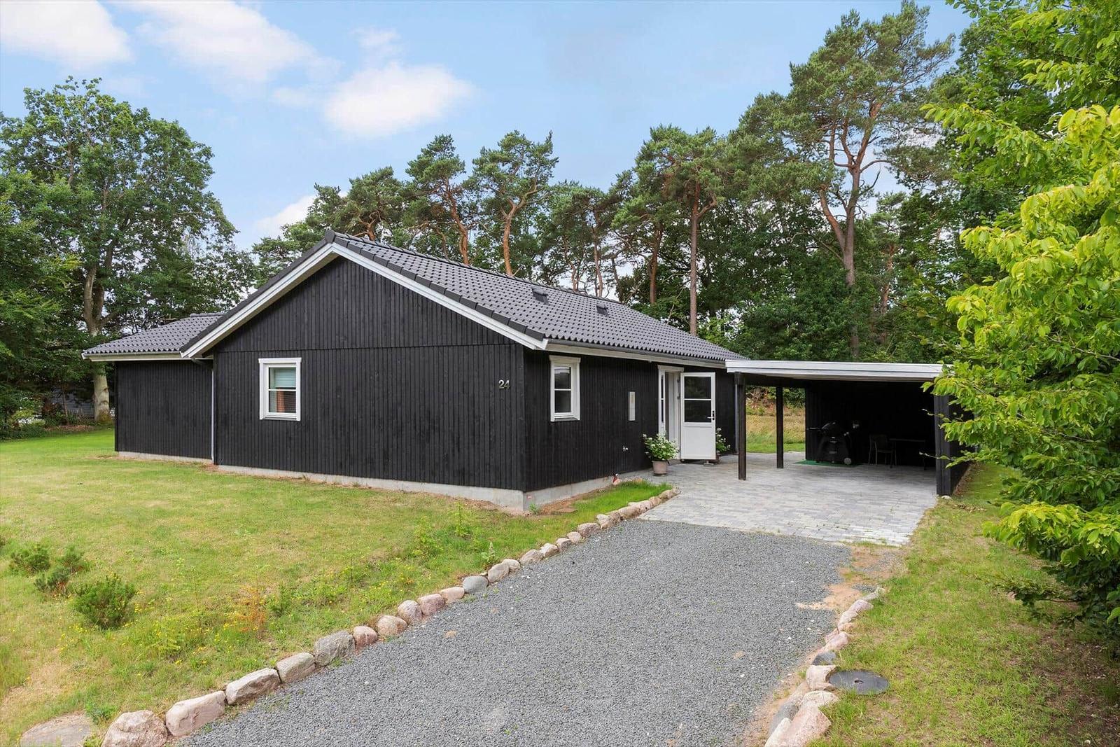 Schwarzes Haus mit Garage und Rasenfläche zwischen Bäumen.