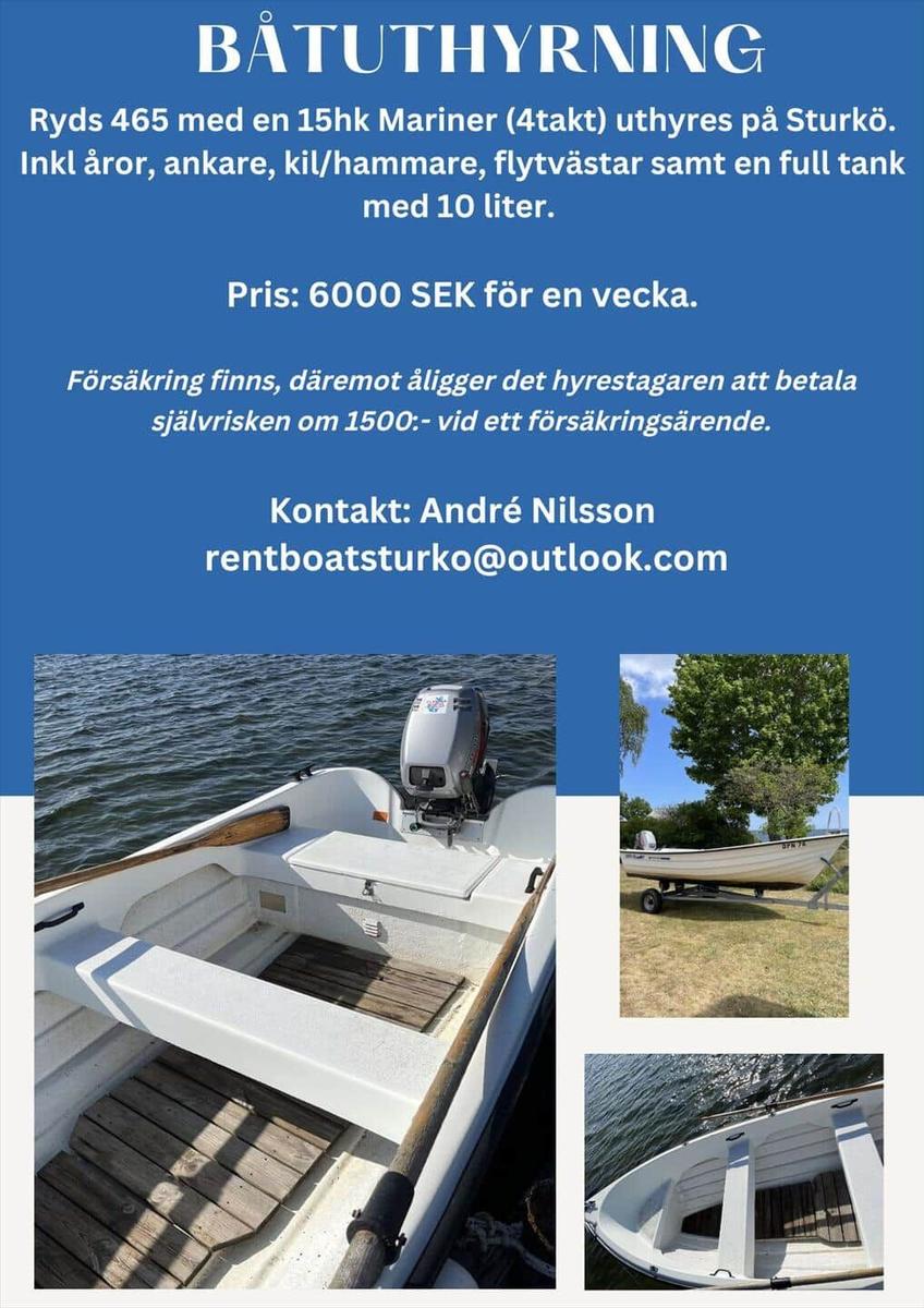 Weißes Boot mit Motor, Ruder und Holzbank auf Wasser und Land.