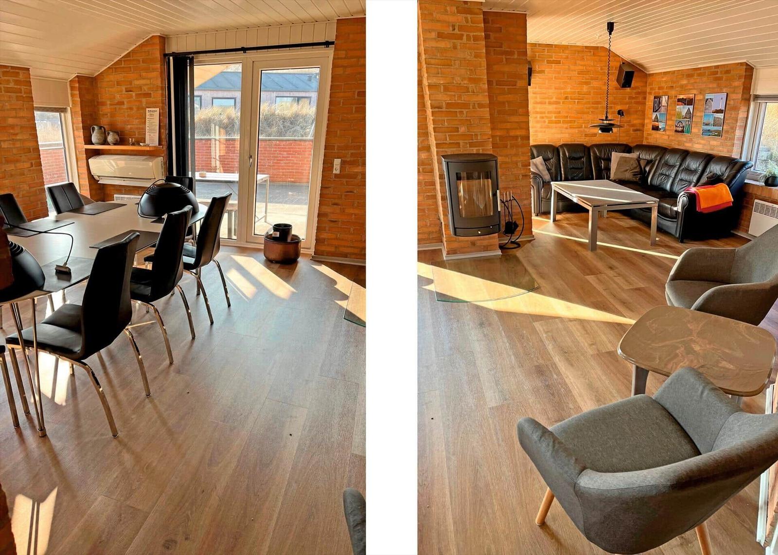 Essbereich mit Tisch und Stühlen. Wohnbereich mit Sofa, Sessel und Kamin.