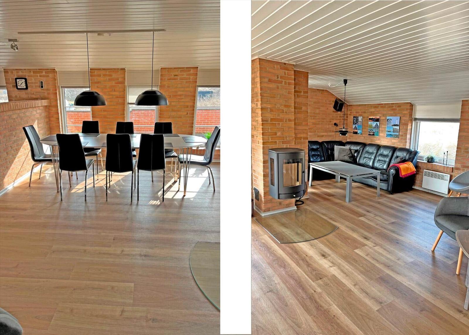 Esszimmer mit Tisch und Stühlen. Wohnzimmer mit Sofa, Kamin und Tisch.