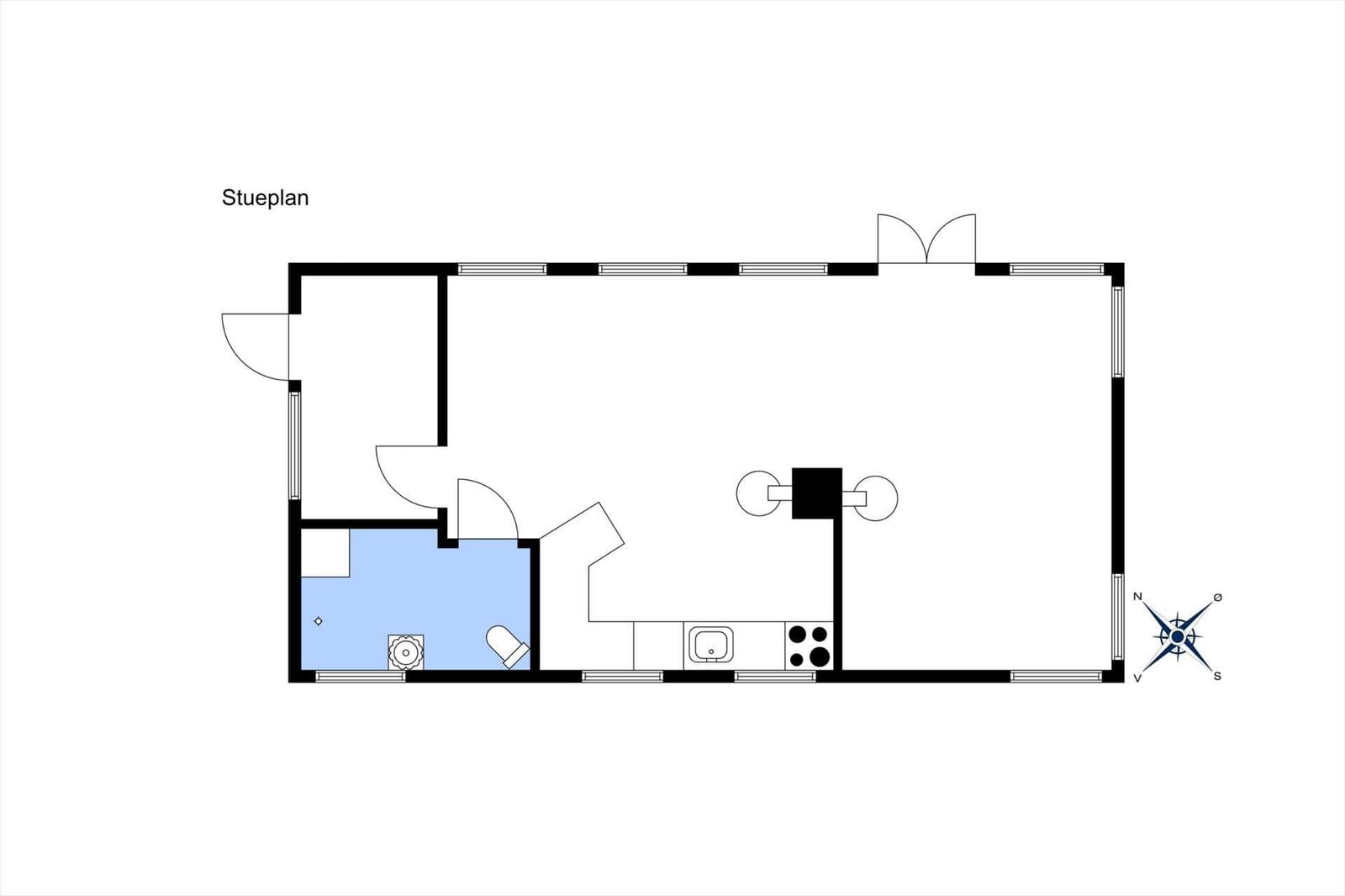 Stueplan zeigt Wohnbereich, Küche und Bad mit Dusche und WC.