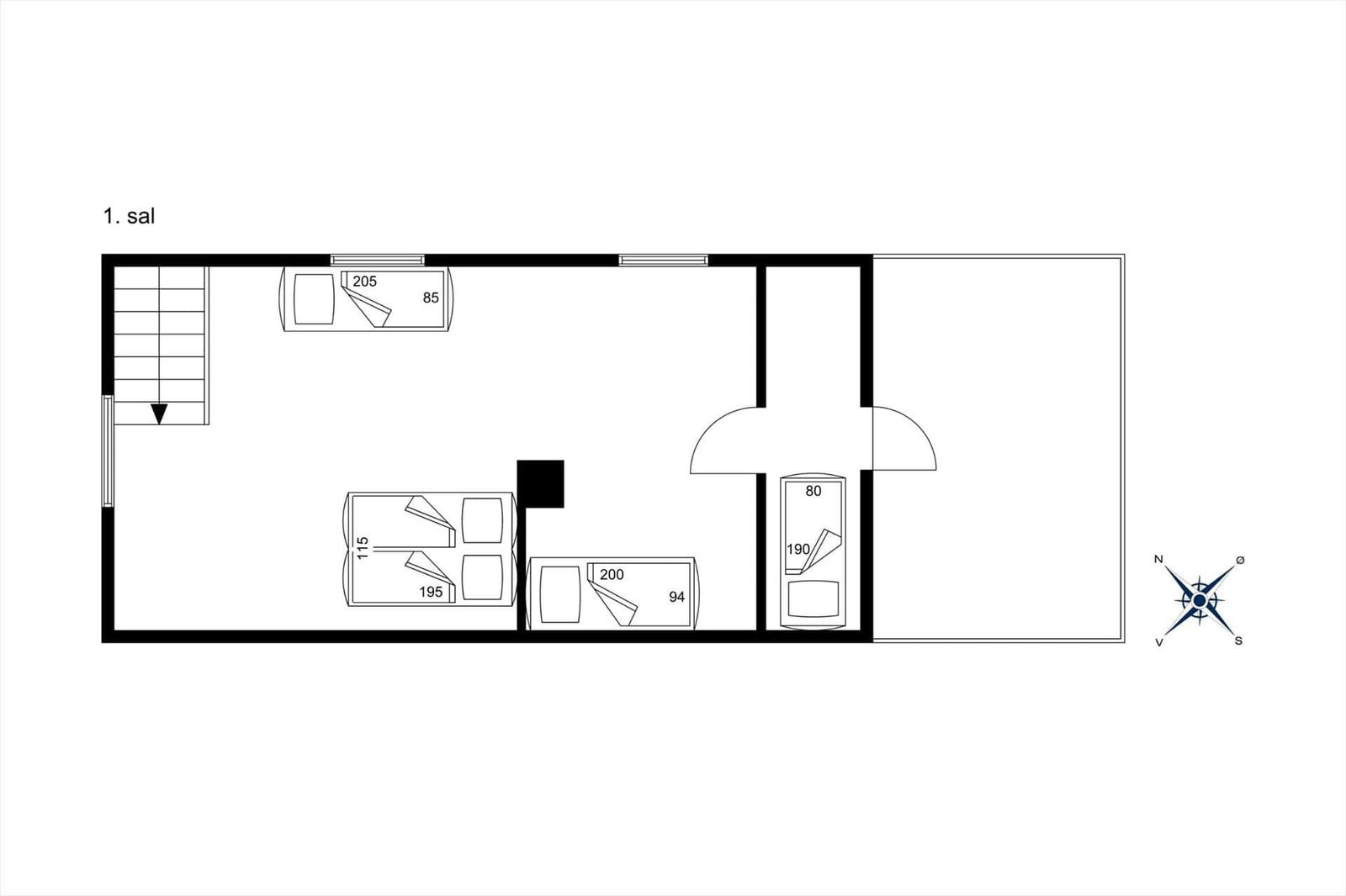 Erster Stock mit Schlafzimmer, Bad und Aufgang.