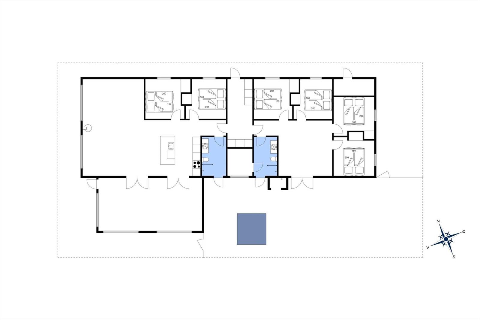 Grundriss einer Ferienwohnung mit mehreren Schlafzimmern, Küche und Bad.