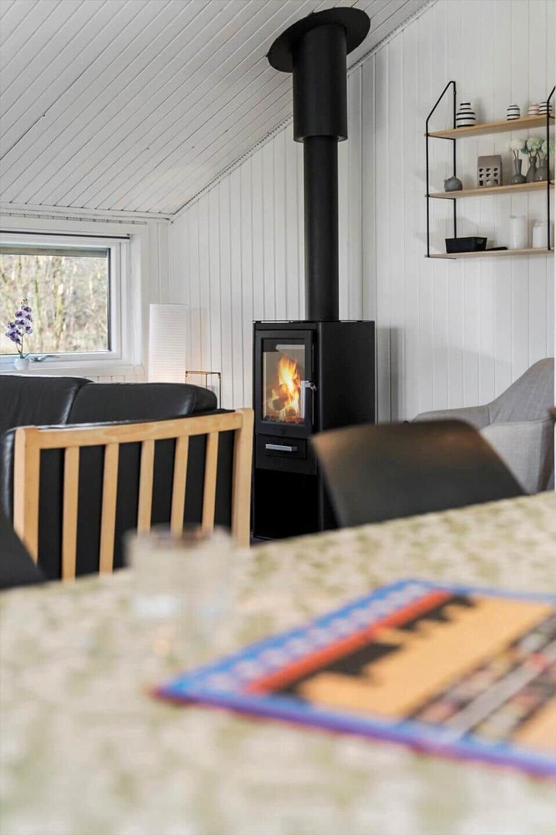 Wohnraum mit Kaminofen, Tisch, Stühlen und Fenster.