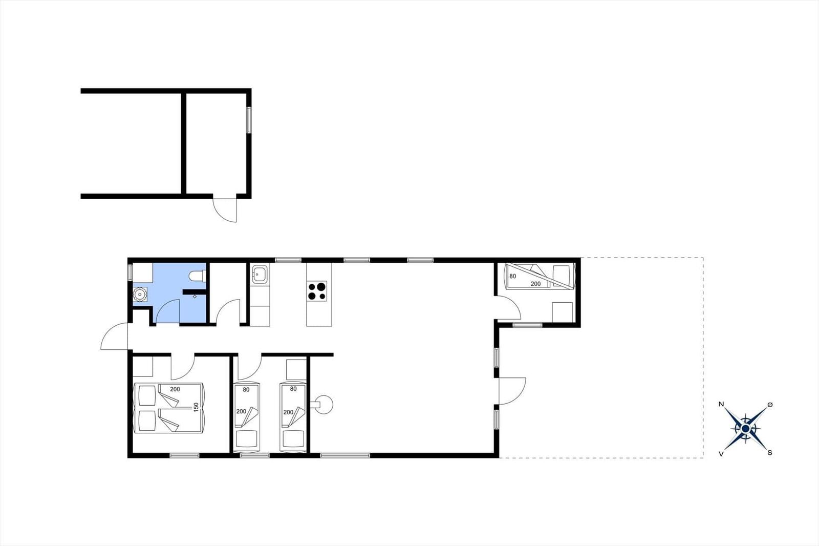 Wohnung mit Küche, Schlafzimmer und Bad. Raumübersicht mit Orientierung.