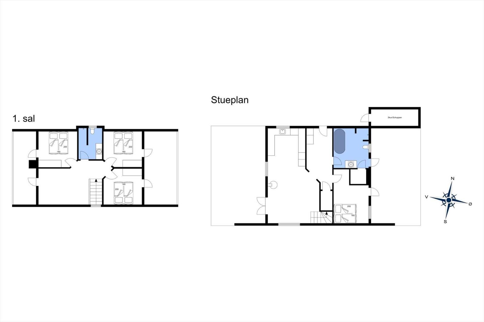 Zwei Stockwerke mit Schlafzimmern, Bad und Küche.