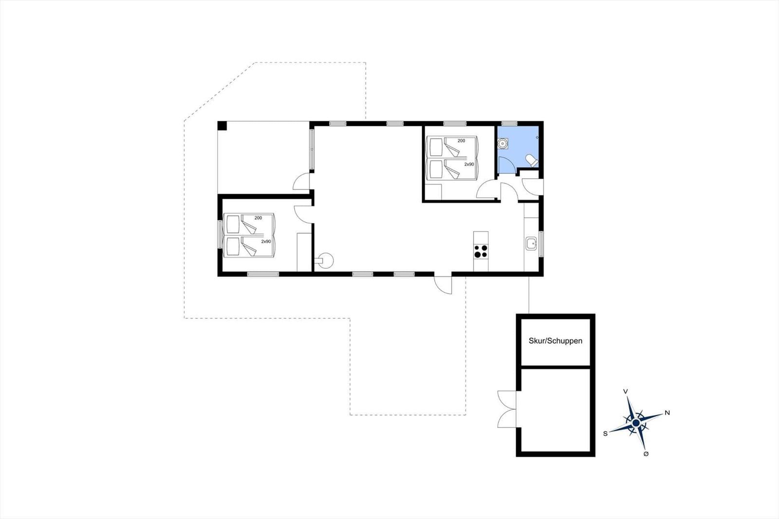 Zwei Schlafzimmer, Küche, Bad und Garage mit Kompass