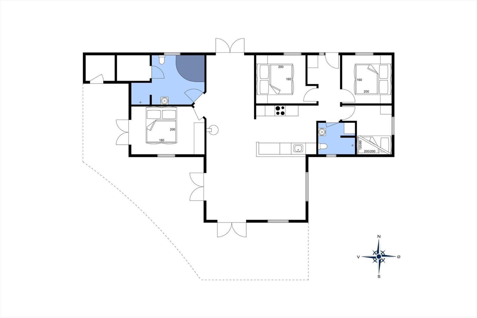 Funktionaler Grundriss mit drei Schlafzimmern, Küche und Badezimmer.