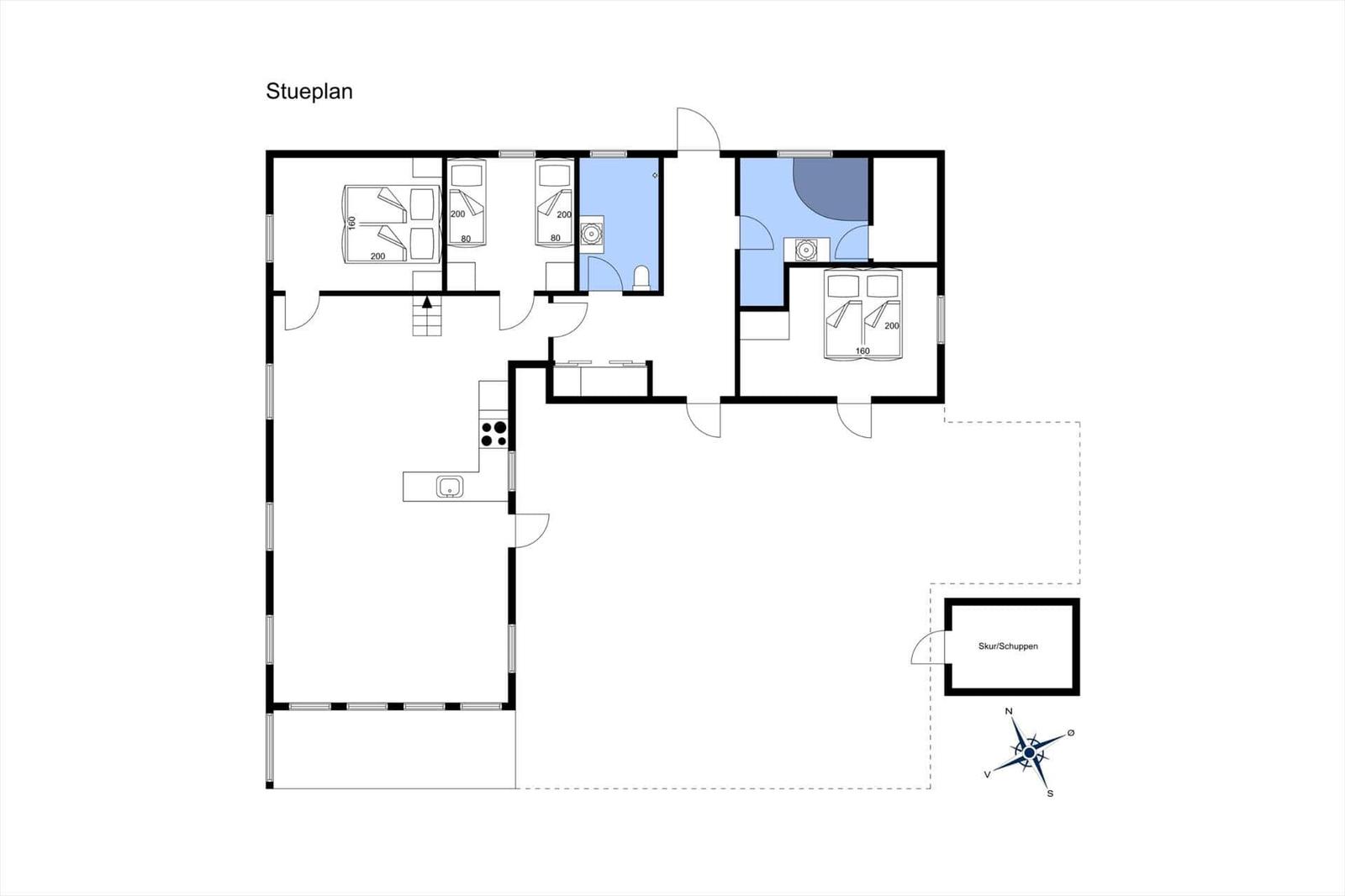 Stueplan zeigt Schlafzimmer, Küche und Bad mit Maßen.