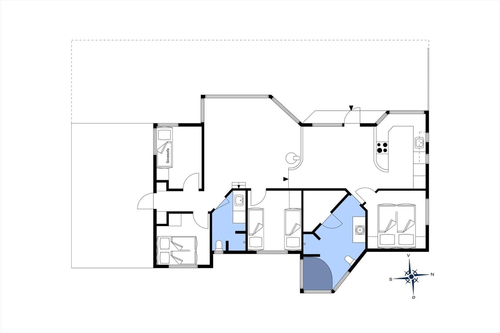 Dieses Grundriss zeigt eine Wohnung mit Küche, zwei Schlafzimmern und Bad.
