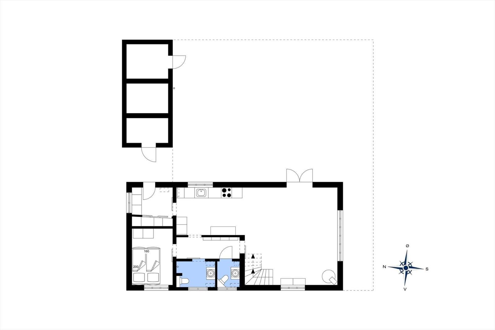 Wohnung mit Küche, Schlafzimmer und Bad. Nordostlage mit Kompass.