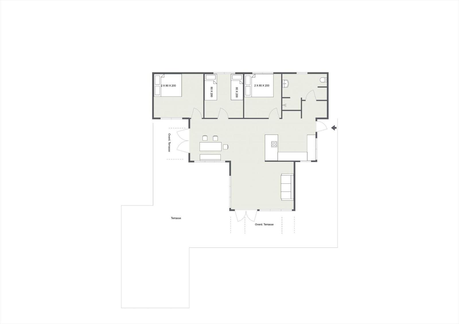 Wohnung mit zwei Schlafzimmern, Küche und Terrasse.