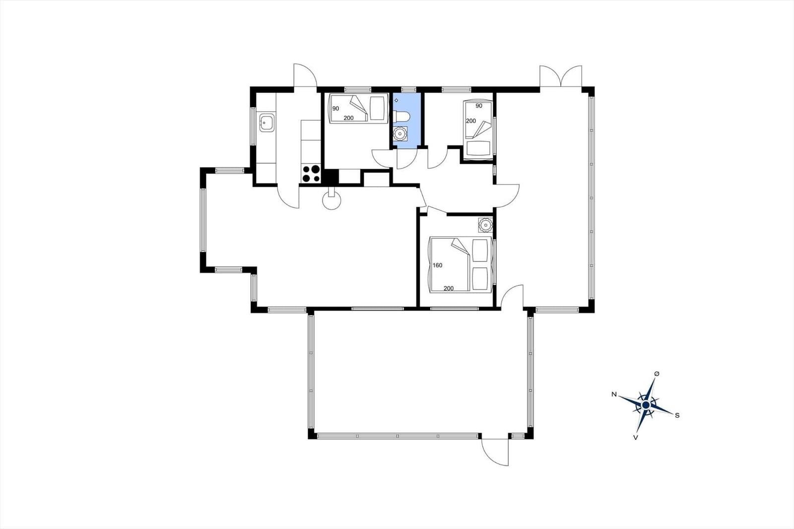 Wohnung mit drei Schlafzimmern, Küche und Bad. Nord-Süd-Ausrichtung.