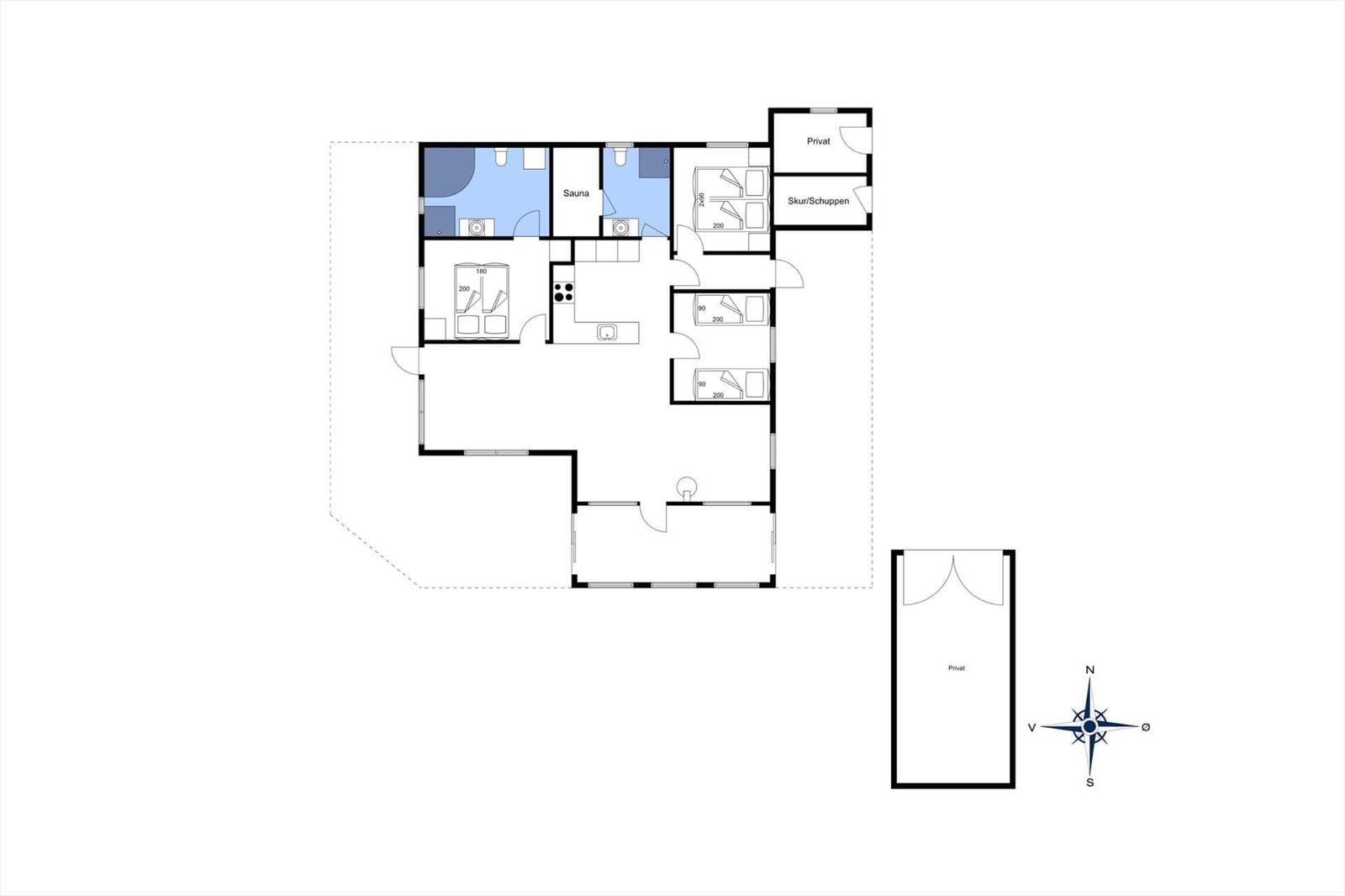 Dieses Grundrissbild zeigt eine Wohnung mit Sauna, Schlafzimmer und privatem Bereich.