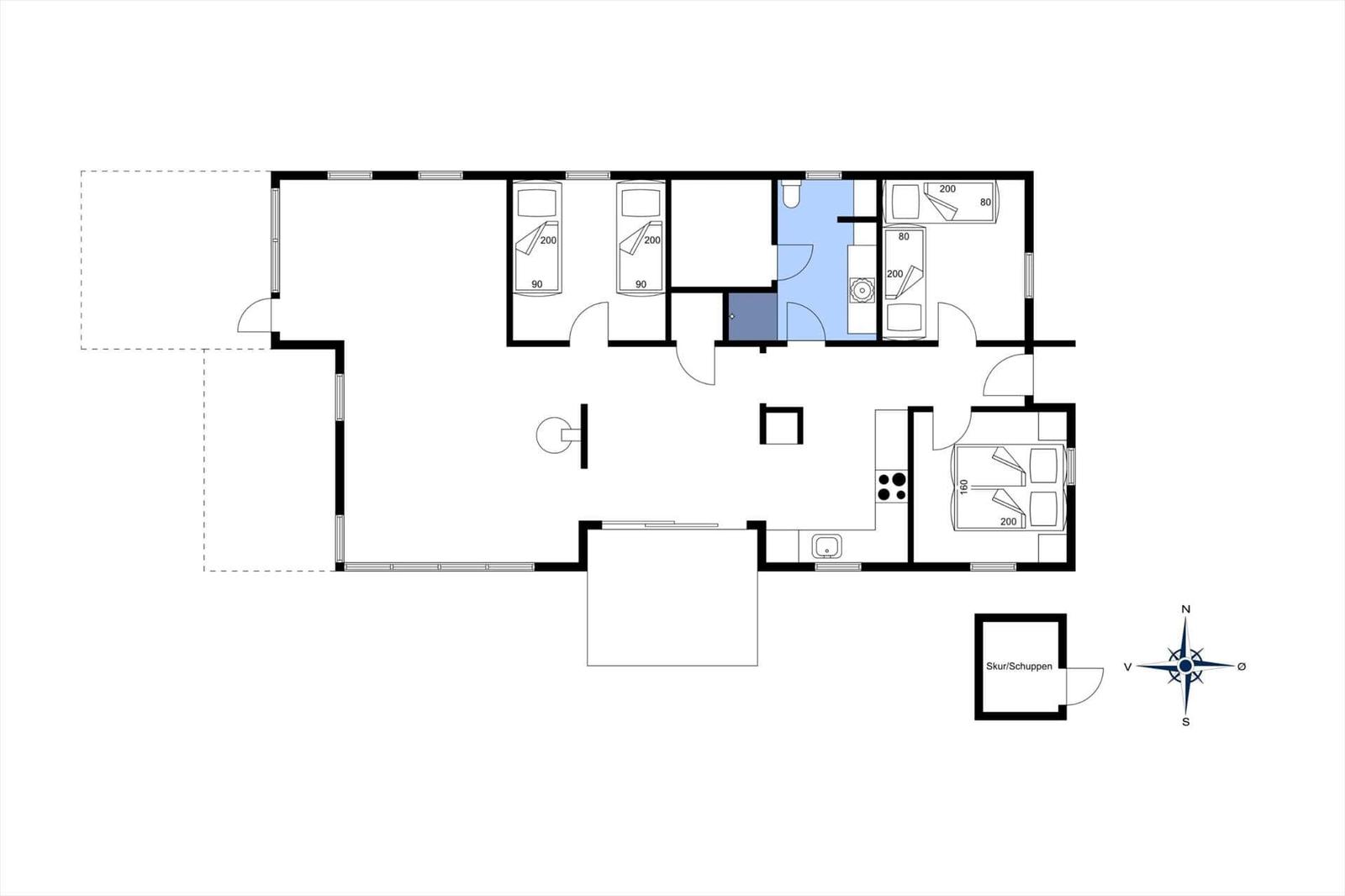 Wohnung mit drei Schlafzimmern, Küche und Bad. Garage und Schuppen vorhanden.