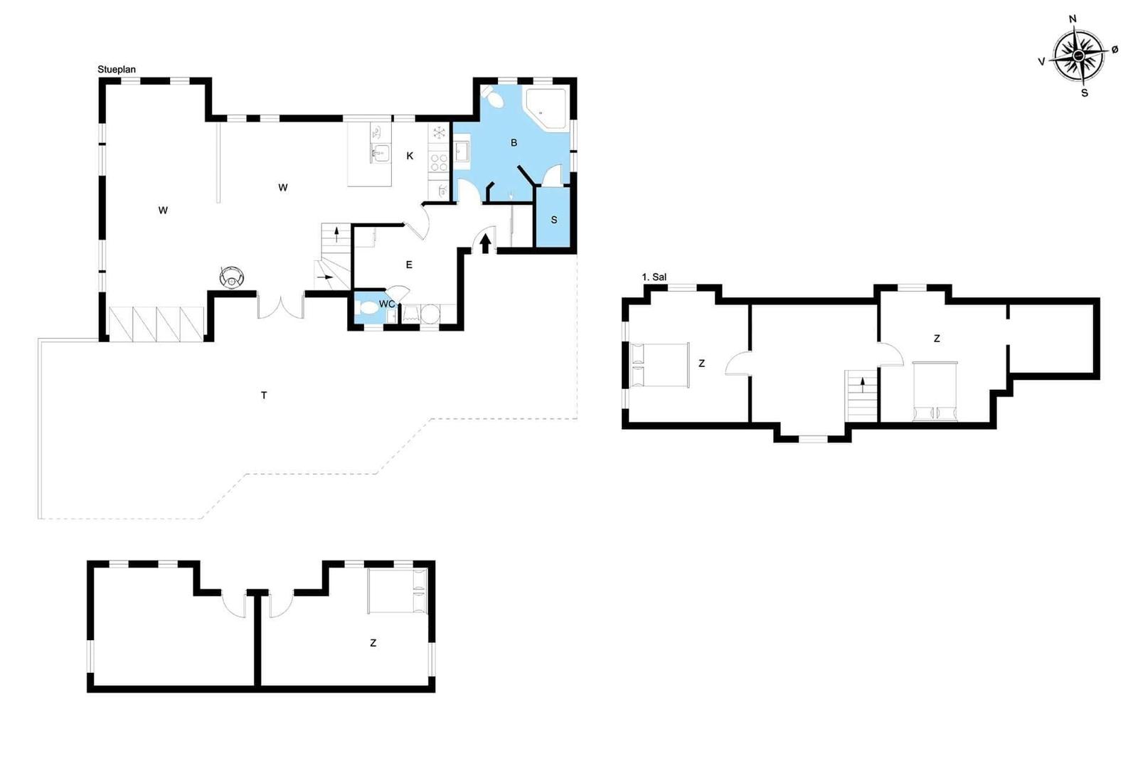 Gesamtplan zeigt Wohn- und Schlafzimmer, Küche und Bad mit Raumbezeichnungen.