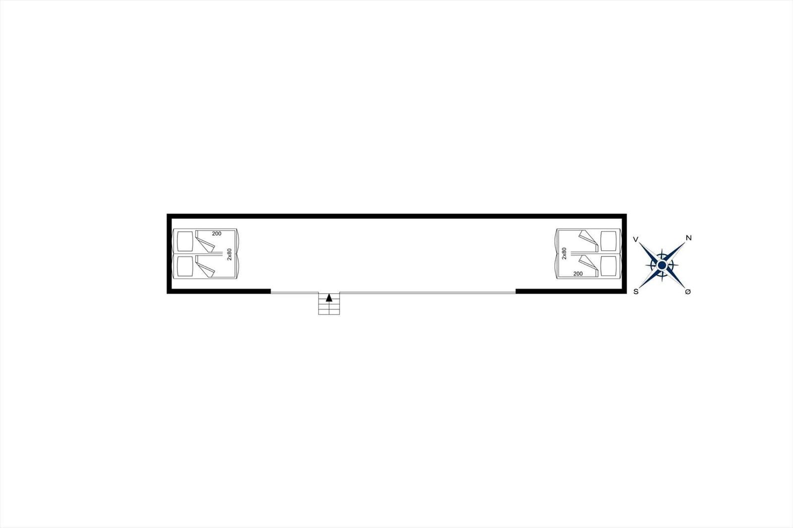 Flurplan mit zwei Räumen und Treppe. Richtungsanzeiger vorhanden.
