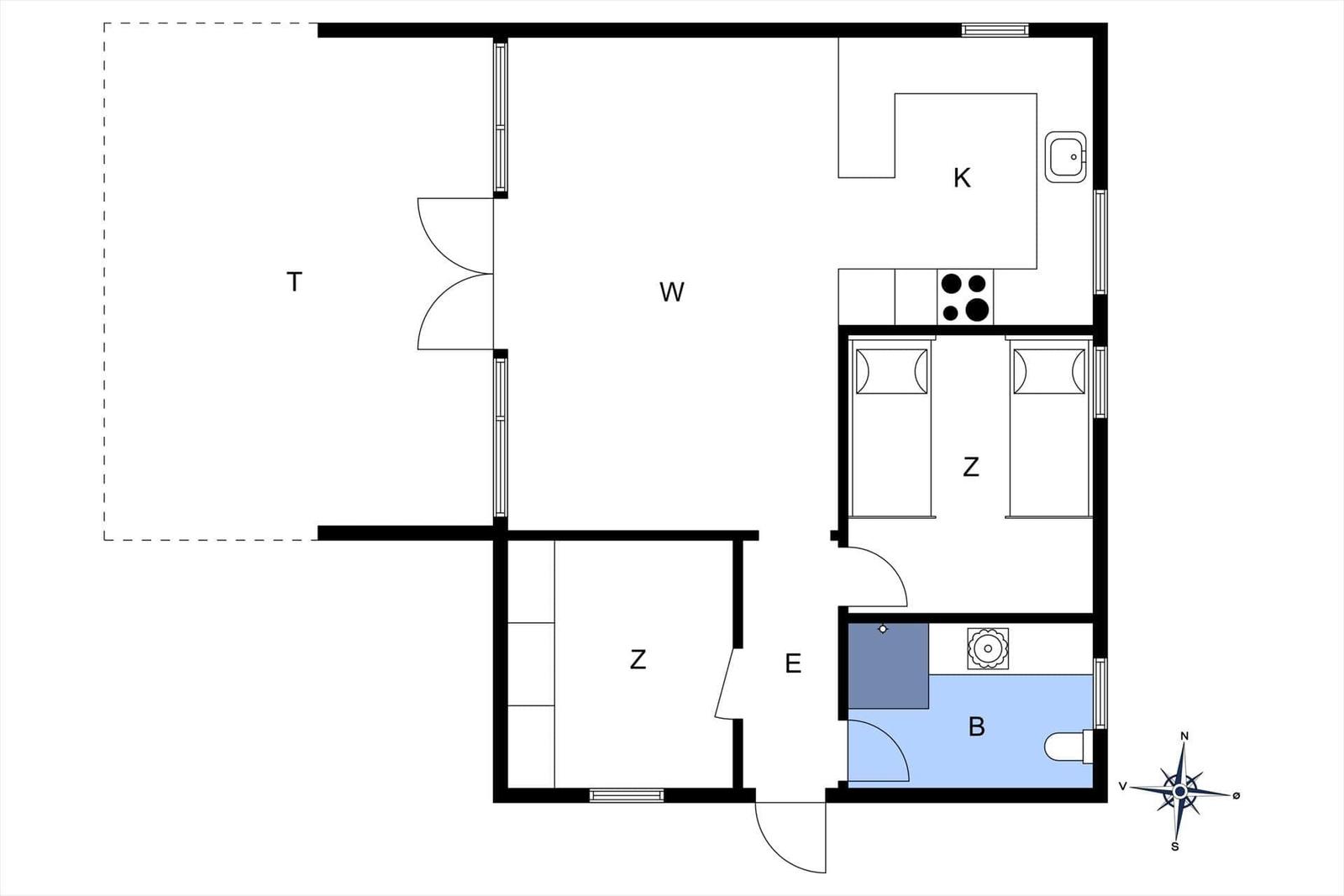 Wohnung mit Küche, Bad, zwei Schlafzimmern und Terrasse.