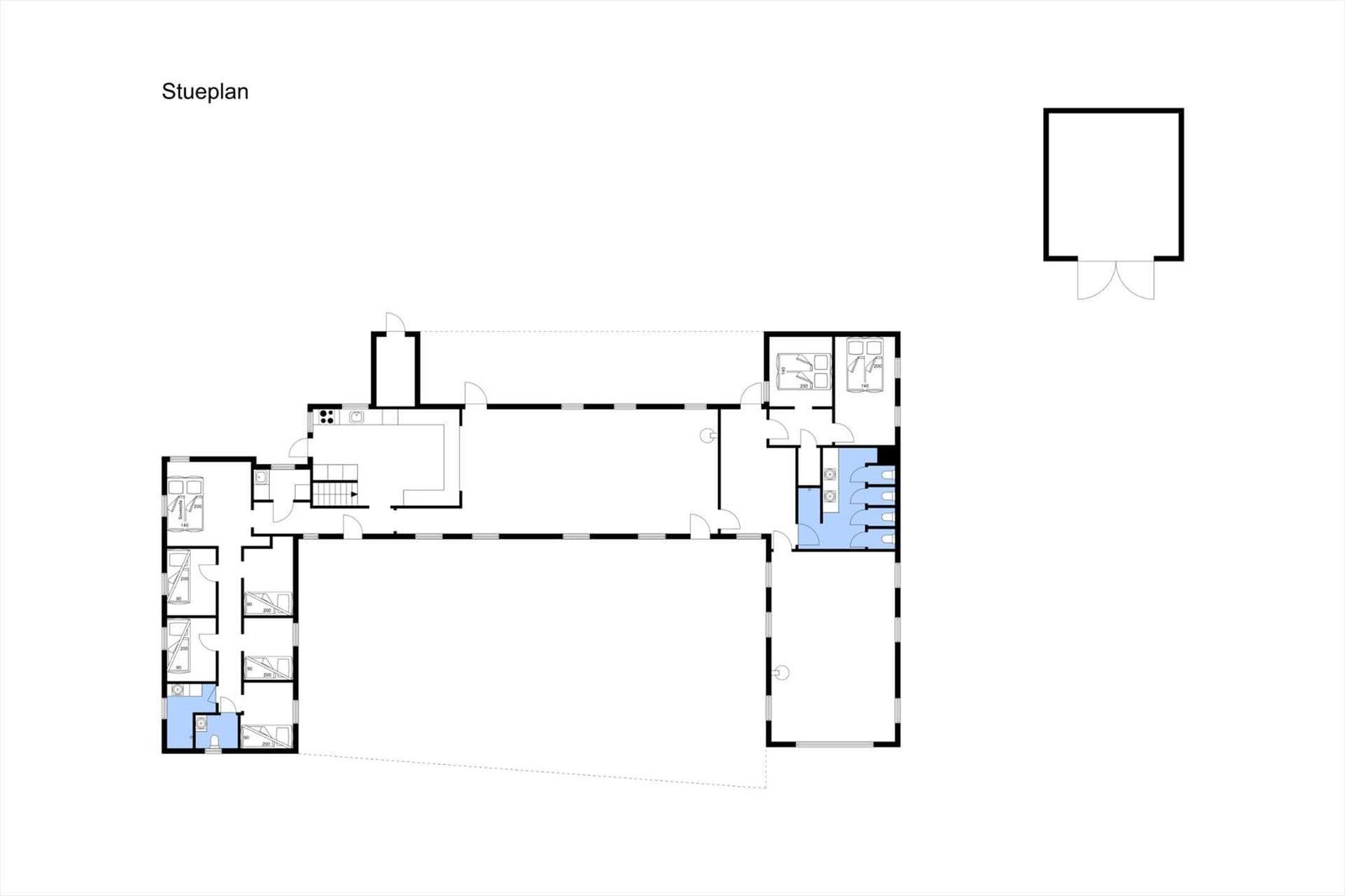 Stueplan zeigt Räume, Schlafzimmer und Badezimmer.