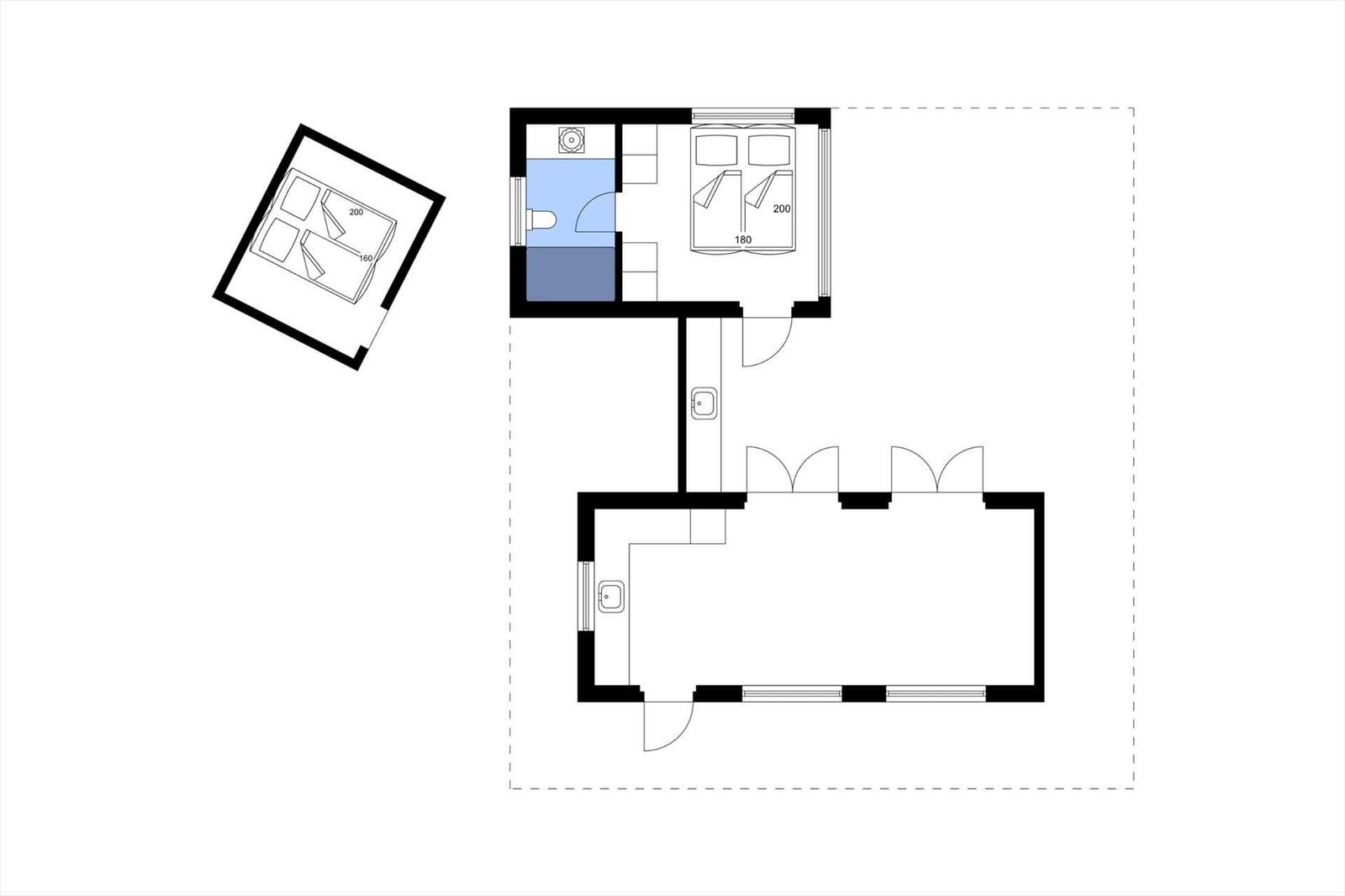 Zweizimmerwohnung mit Bad und Küche. Großer Wohnbereich mit Fenstern.