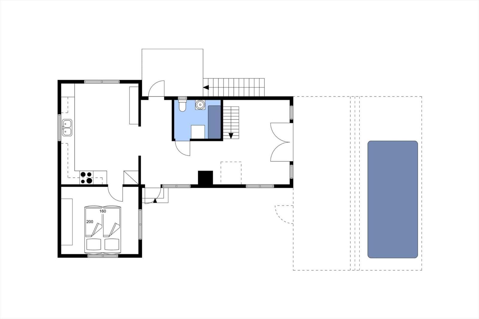 Geschosseinteilung mit Küche, Schlafzimmer und Bad