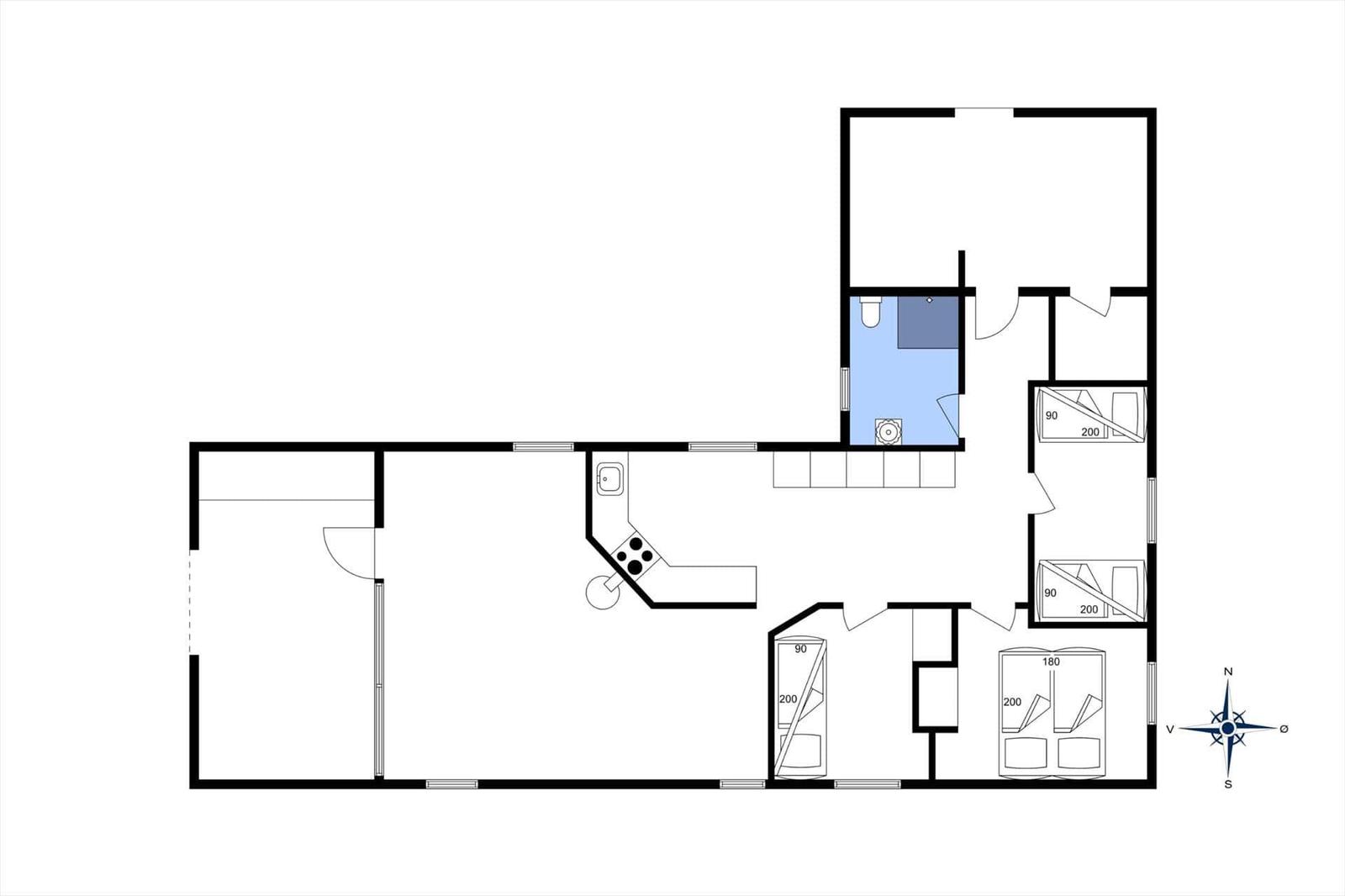 Apartment with kitchen, bathroom, and three bedrooms with beds.