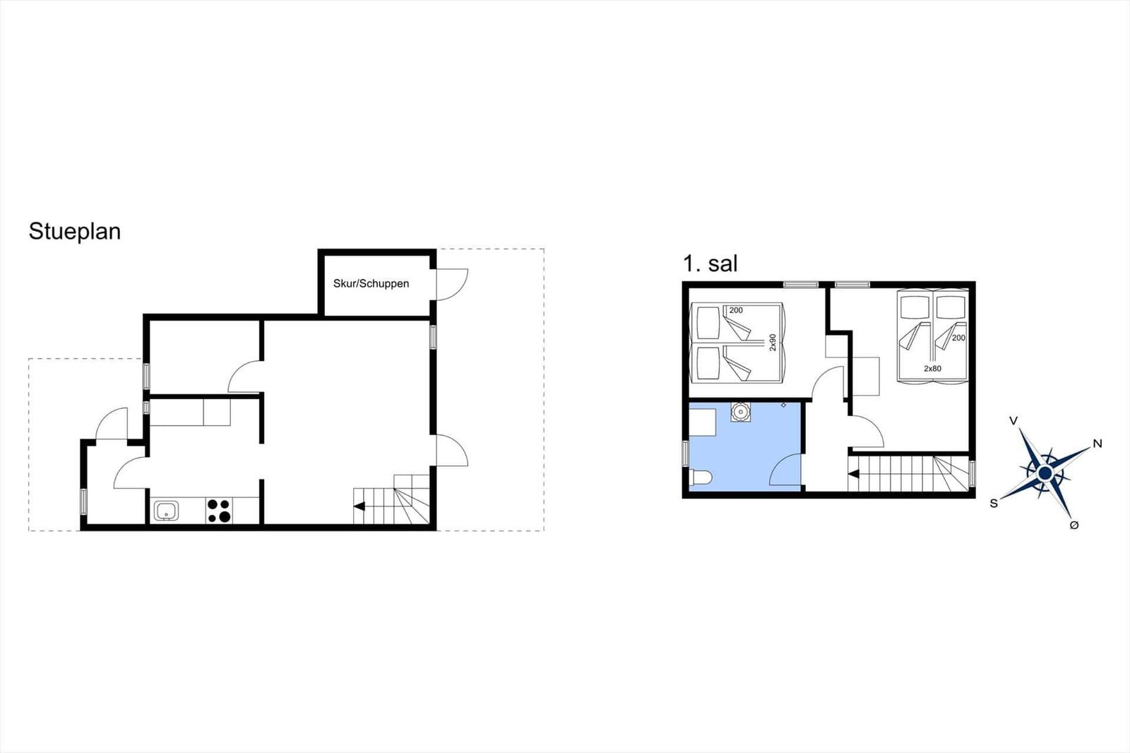Stueplan zeigt Wohnbereich, Küche und Schlafzimmer mit Maßen.